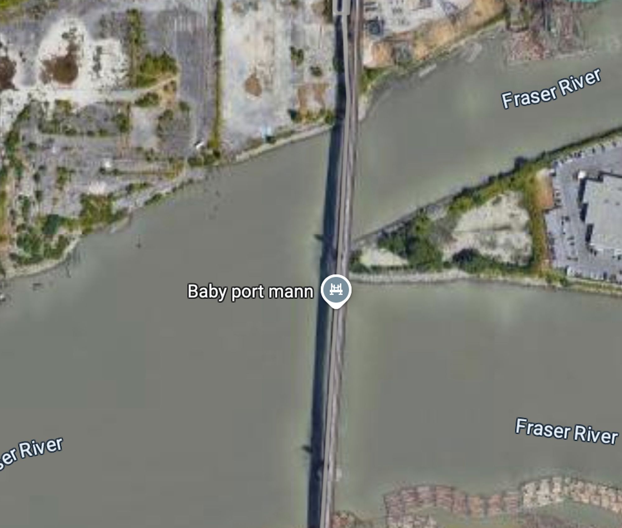 Google Maps satellite imagery screenshot, showing the North Arm Bridge on the Fraser River, labelled as "Baby port mann".