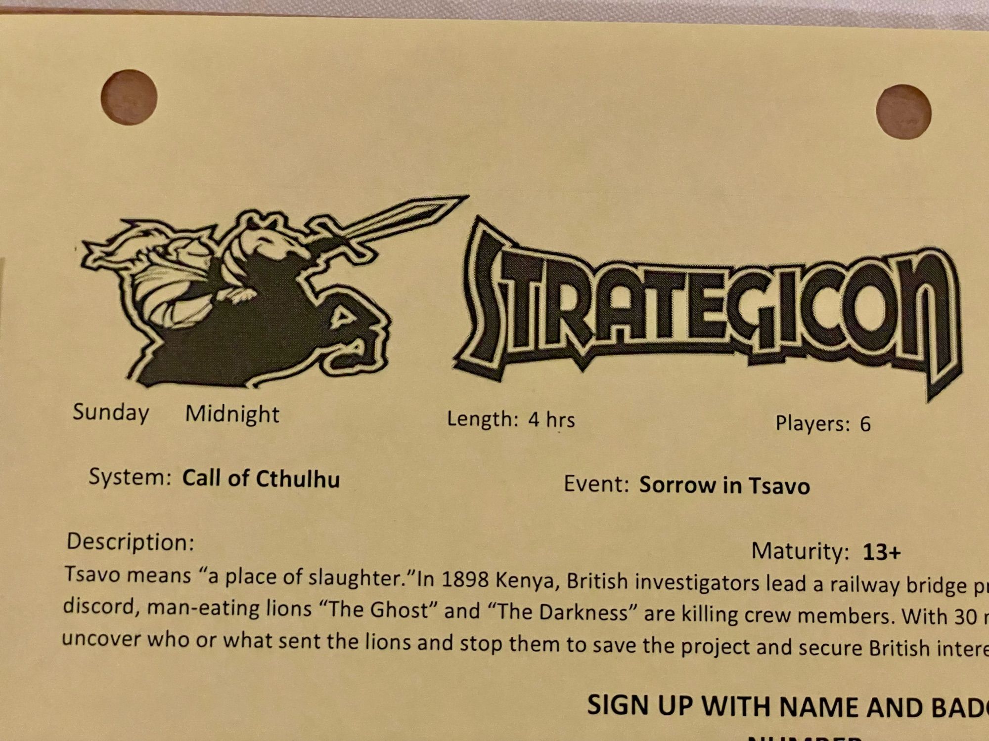 Strategicon Call of Cthulhu Sorrow in Tsavo