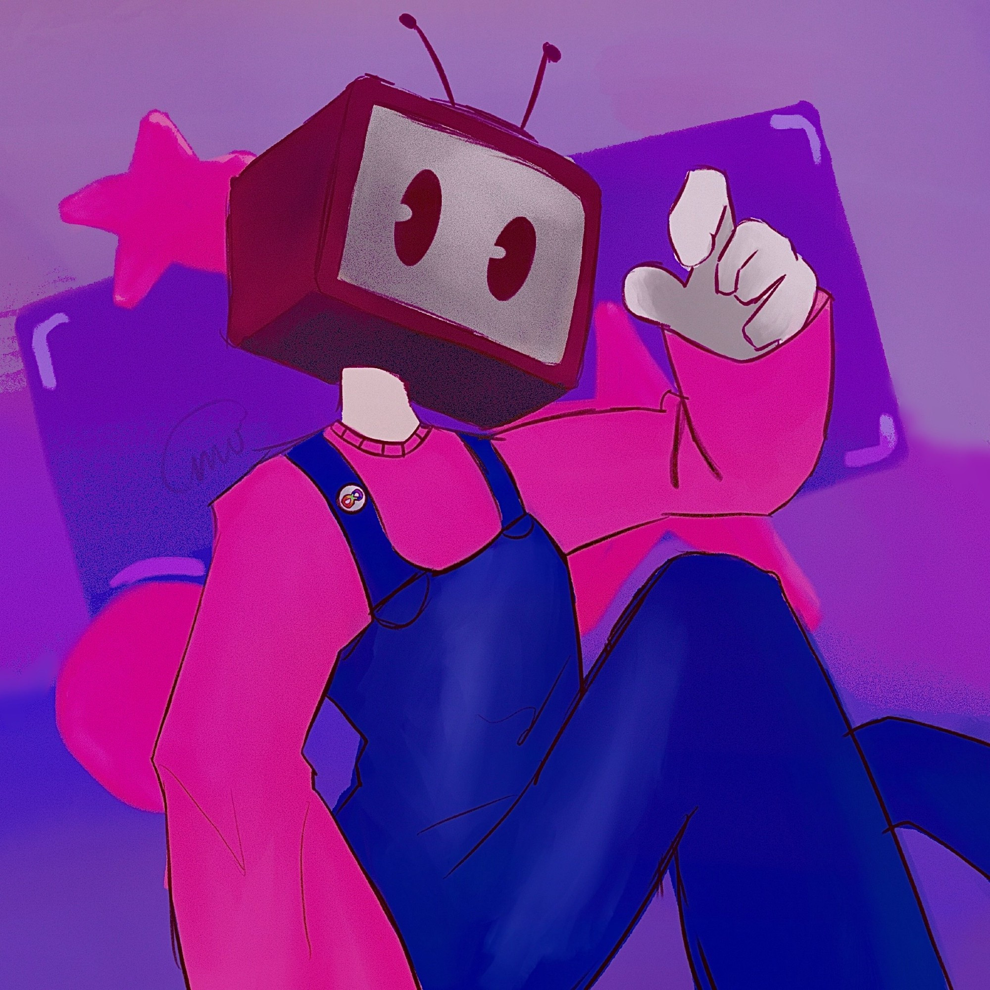 Person with an old CRT TV For a head. They have pie shaped eyes.  Is They are wearing a dark ping shirt and blue overalls. There's a rainbow infinity symbol pinned to the strap on one of their shoulders. The background is a gradient with differing shades of purple, with a dark purple square and a pink star.