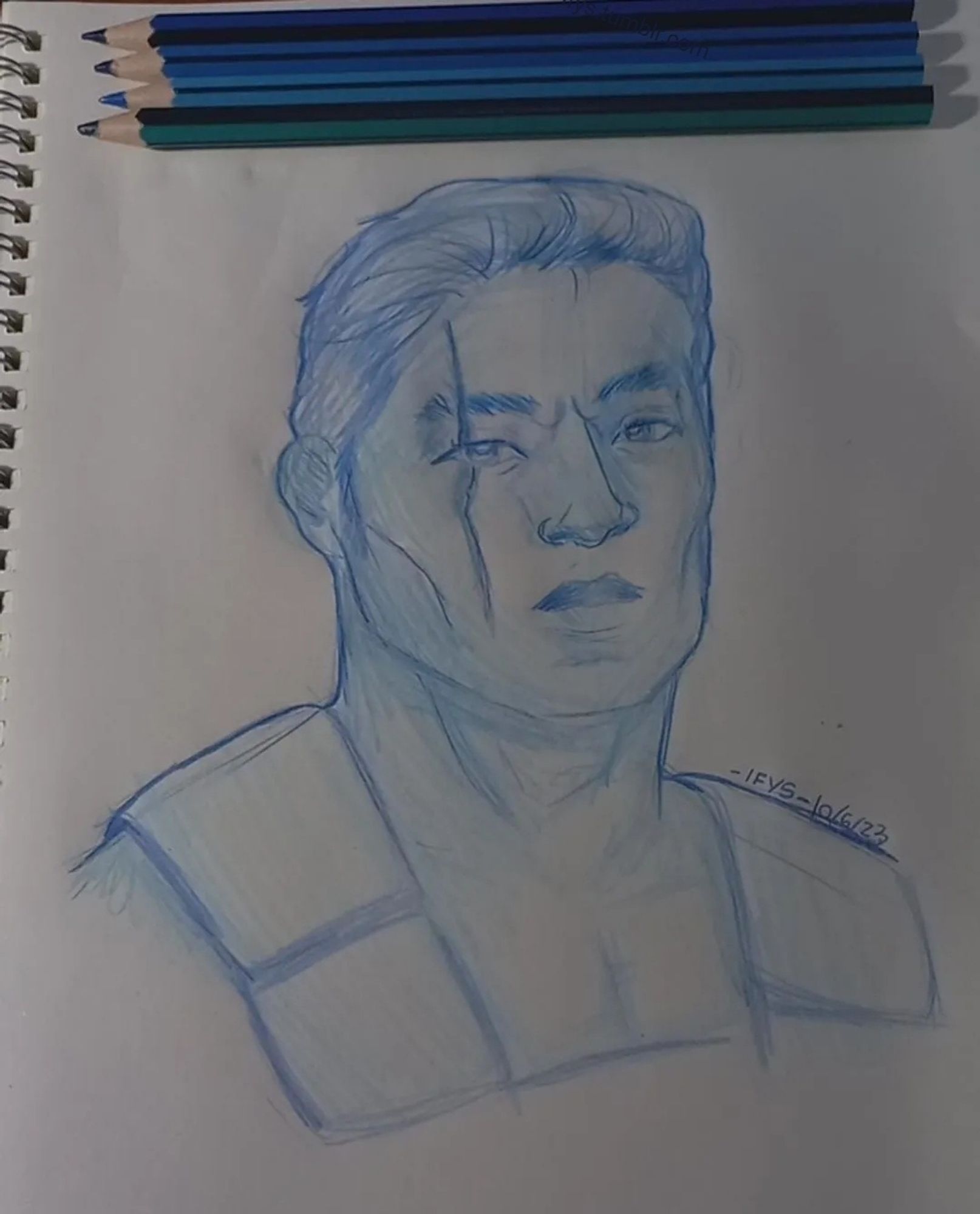 A traditional drawing of Kuai Liang as sub zero, made with blue pencil , in which he is with his uniform from Mortal Kombat 3. The face is modeled after his face model in Mortal Kombat 11 (Tony Chung)