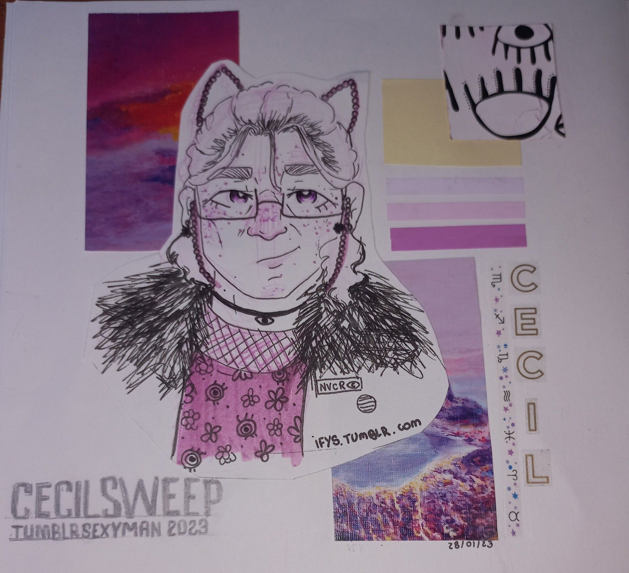 A sketch of Cecil Palmer from welcome to night vale. He is a white middle aged man with cat ears, square glasses with chains, a fluffy coat with a flower/eyes patterned t shirt. Under it all it is possible to see a mesh shirt. In the background there's a collage of purple post it's ans purple skies
The words Cecilsweep tumblrsexyman 2023 are written in pencil in the bottom left.