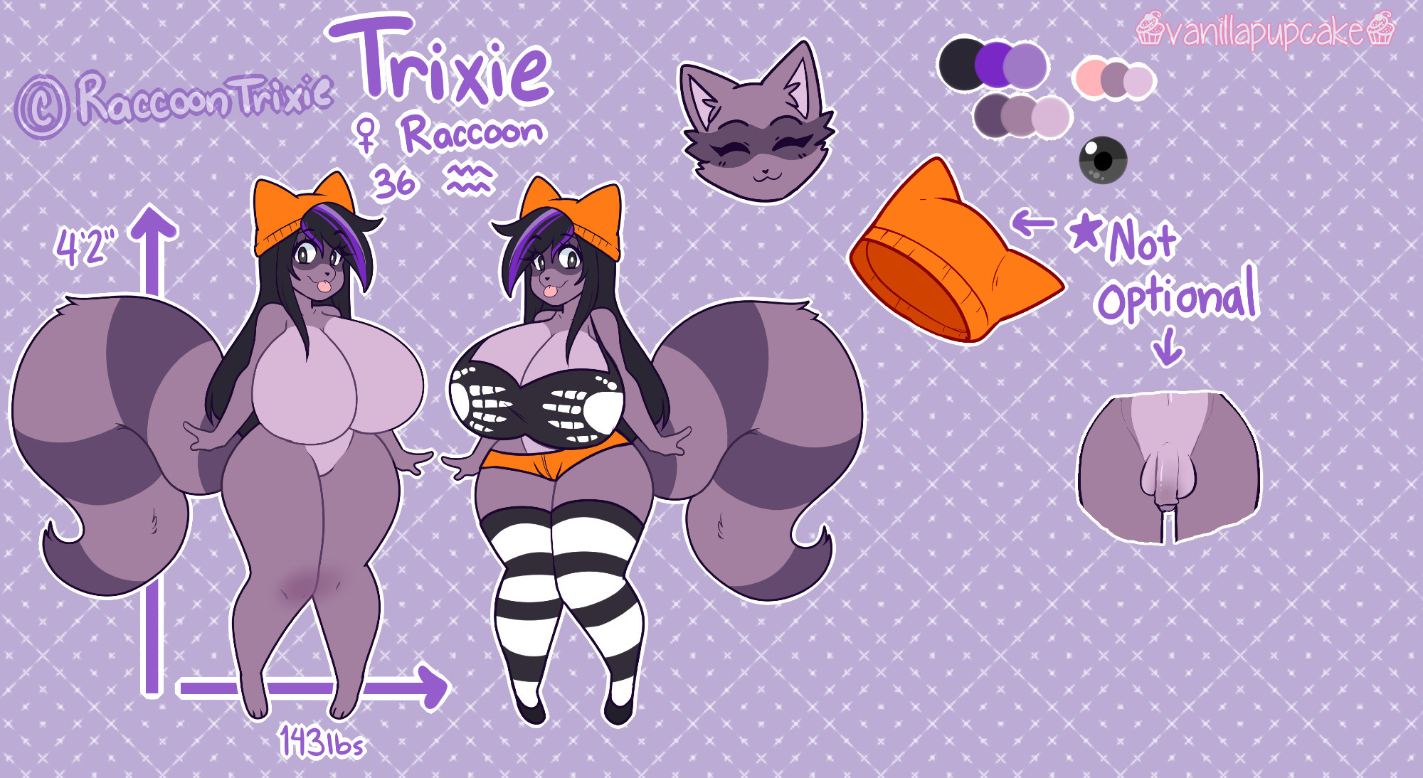 A reference sheet of my raccoon, showcasing her palette, outfit, and body shape.