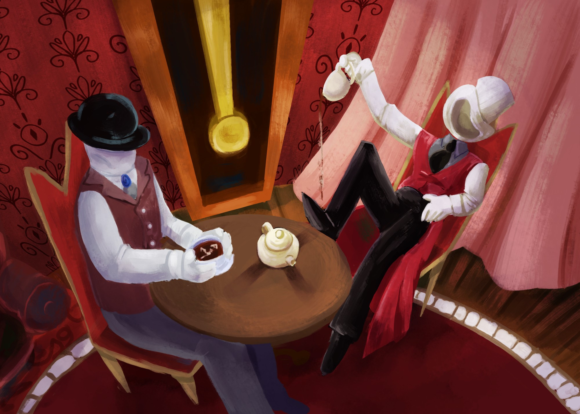 two figures sit in a lounge, one an invisible man, white top hat, grey shirt, black tie, red vest and tailcoat, black pants and shoes. they pour tea onto the floor. the other man, in a bowler hat, grey tie with blue tie clip, brown vest, grey slacks, and white face with no features, drinks tea. they are muted in color, while the lounge around them is eccentric with browns and reds. a grandfather clock towers between them