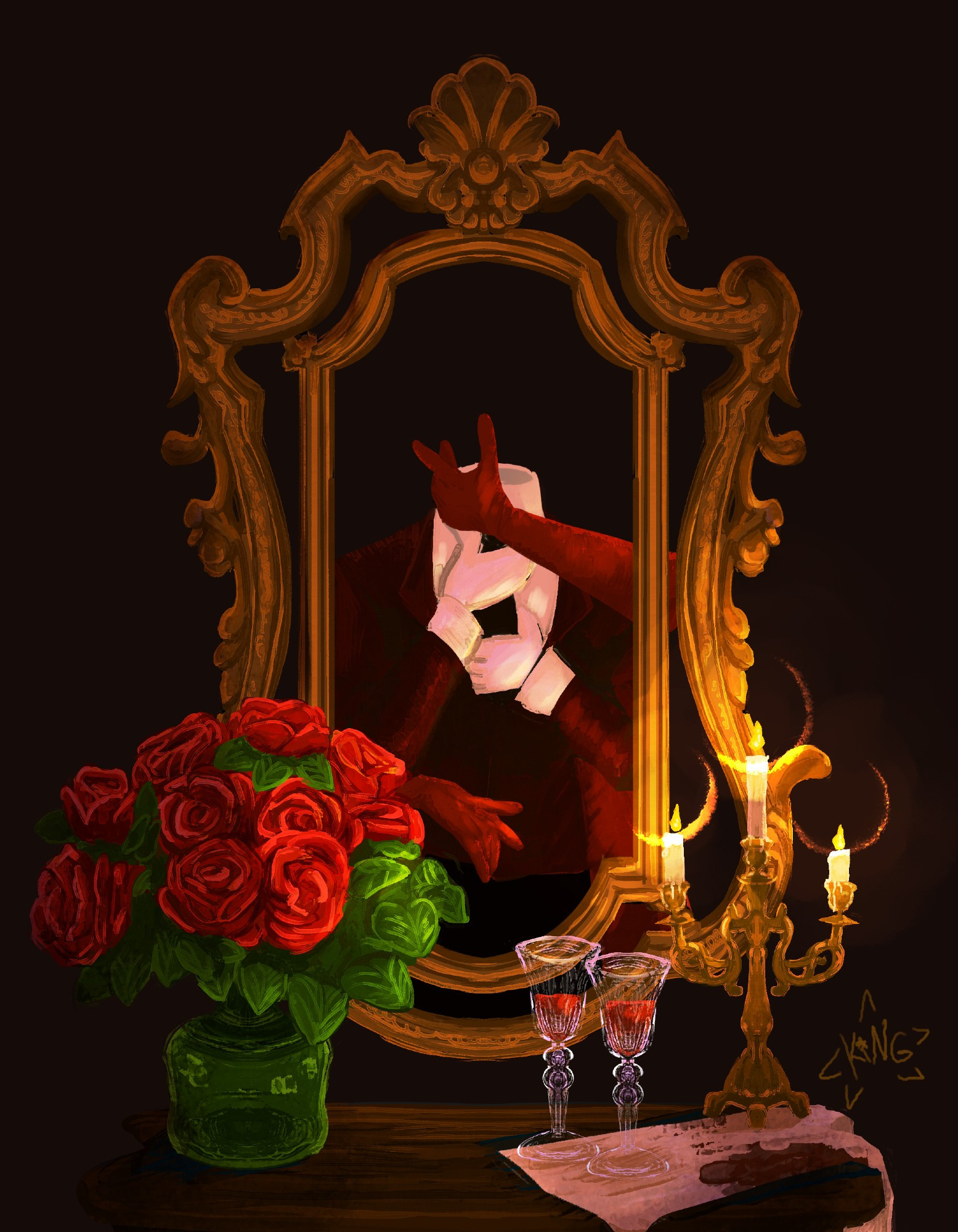 a vampire looks into his reflection, straightening his tie, a partner vampire touching his face. the mirror is opulent, gilded gold and flourishes. a bouquet of red roses in a green glass vase sits in the bottom left, two wine glasses with blood off bottom center, and a candelabra with three lit candles, sit on a blood stained rag, all on a brown wood table.