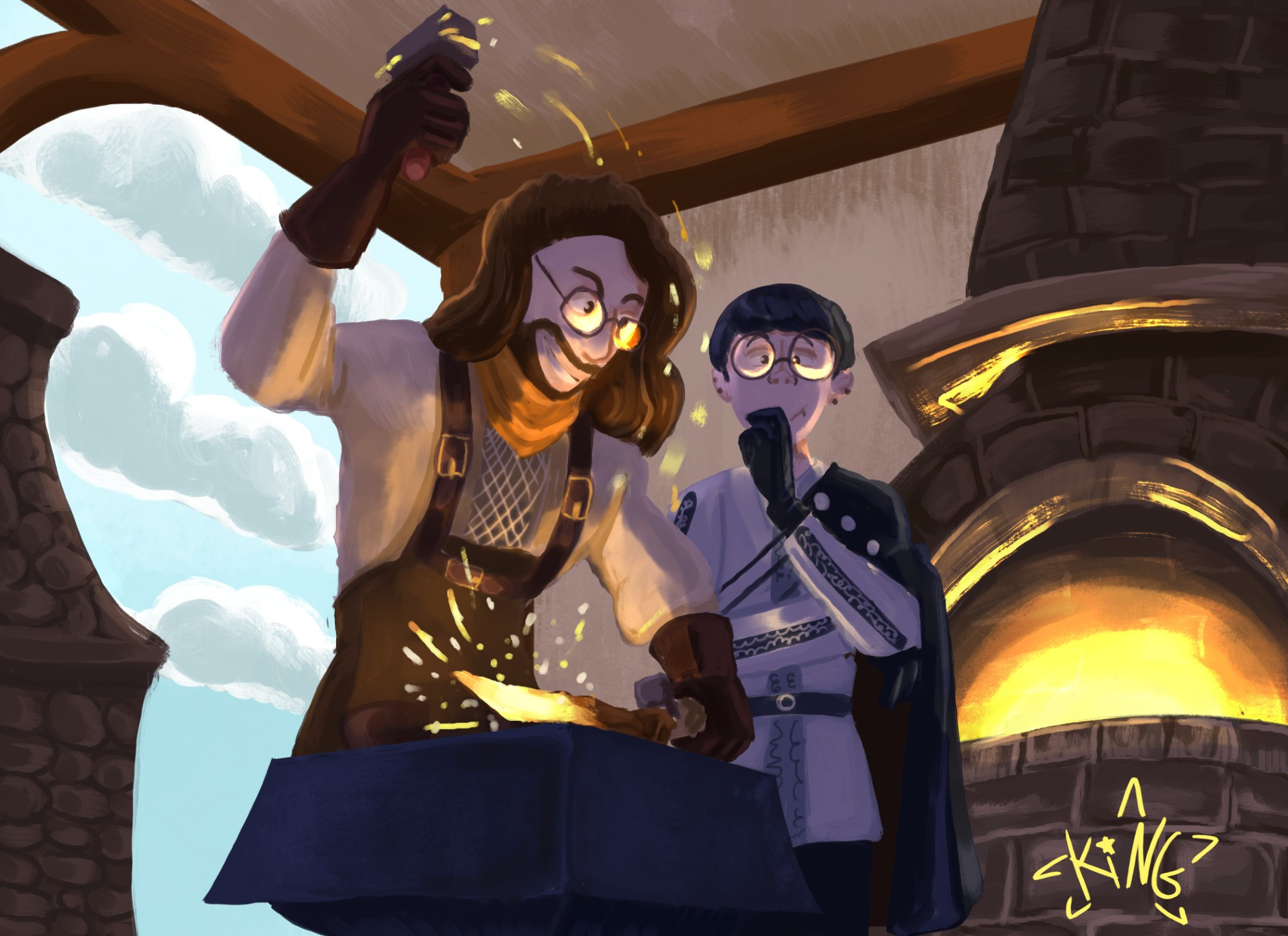 two figures stand in a blacksmith's workshop, fire casting a glow on the scene. a blacksmith hammers a knife crafted from a railroad spike, while a prince watches with interest. sparks fly with every strike of the nail.