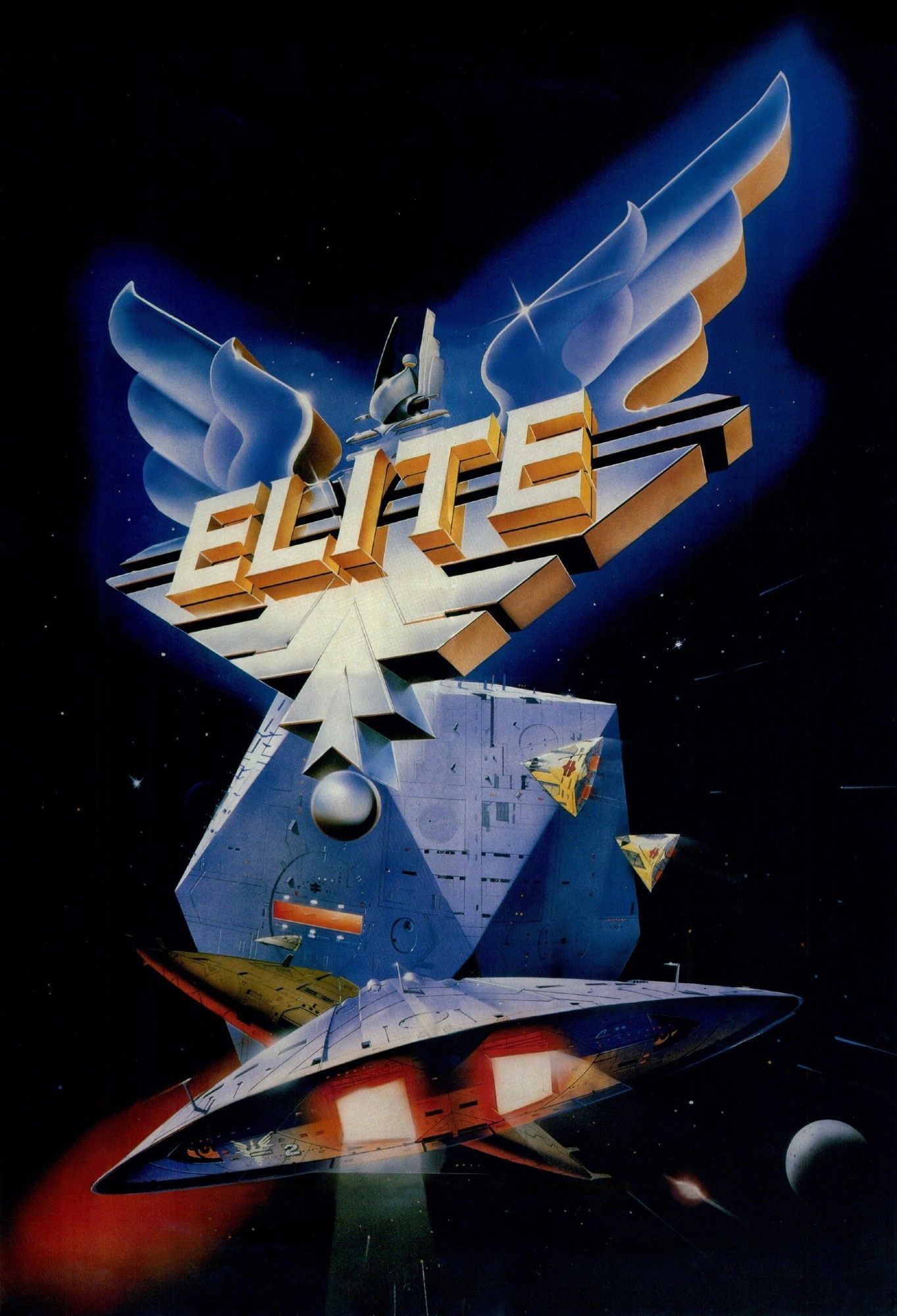 This Elite (1984) box art by Philip Castle features a futuristic spaceship flying through space, and is about to enter a massive space station. The spaceship is surrounded by stars, ships, and planets. 

The title "Elite" is displayed in large, gold letters at the top of the image.