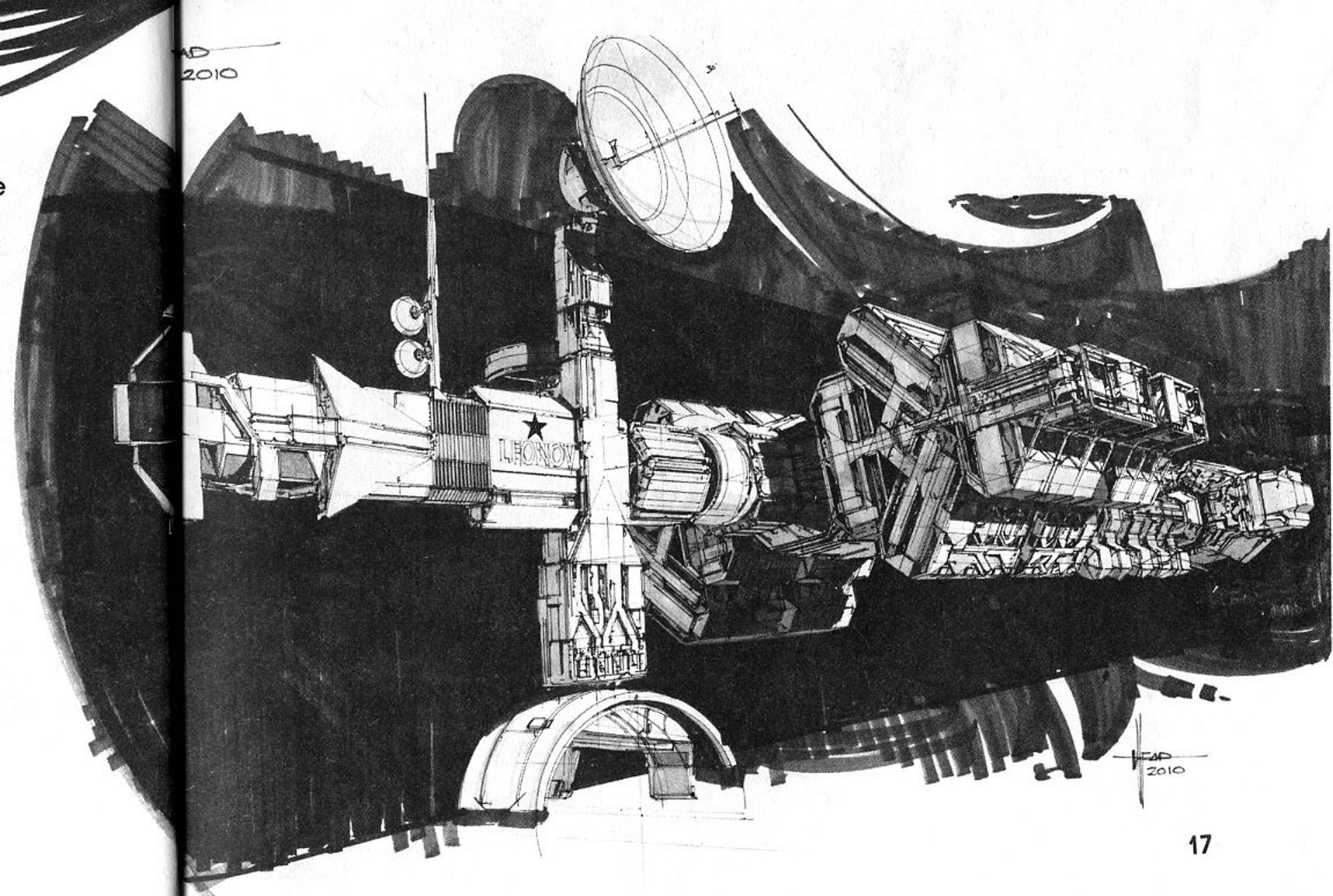 A black and white conceptual drawing of the Leonov, designed by Syd Mead. The drawing is detailed.