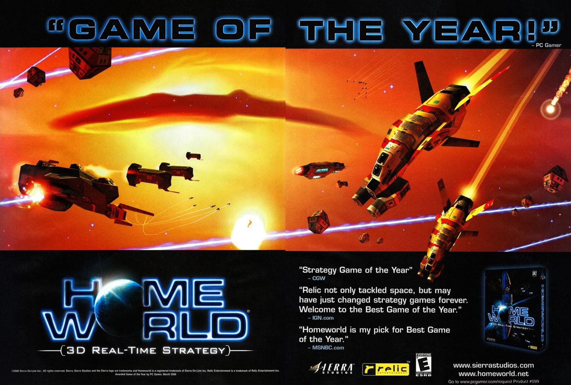 Homeworld "Game of the Year" ad. The image shows a fleet of spaceships flying and fighting through a nebula.