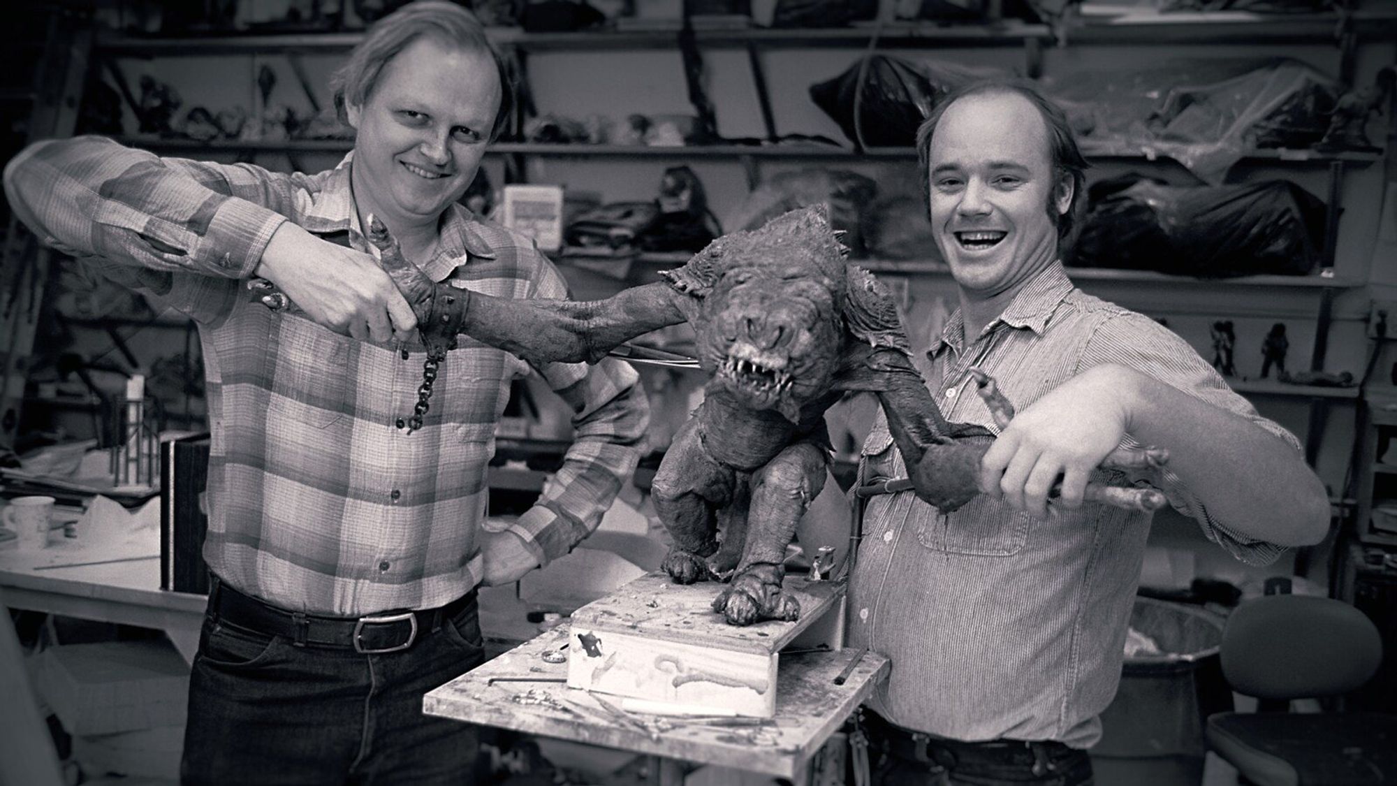 Dennis Muren, the Rancor and Phil Tippett during the making of Return of the Jedi (1983).