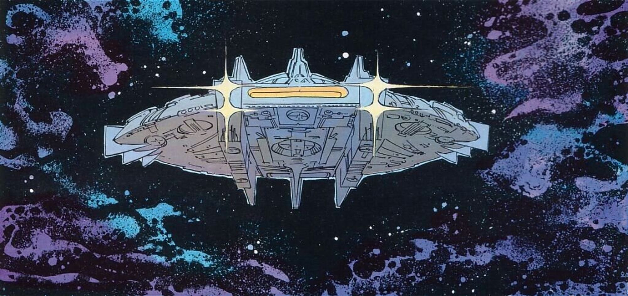 The drawing shows the XB982 astroship from the Valerian graphic novel, a large, futuristic spaceship flying through space. It has a circular base, with glowing lights around the edges. The background is a nebula with blue and purple colors.