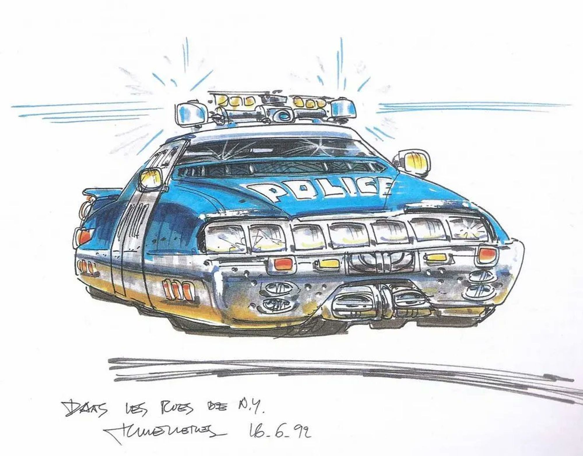 The drawing shows a futuristic police car from The Fifth Element (1997). It is blue with a white roof and has a large light bar on top. The car is hovering above the ground, has a large front grill and headlights, and the word "POLICE" is written on the front. The background is white.