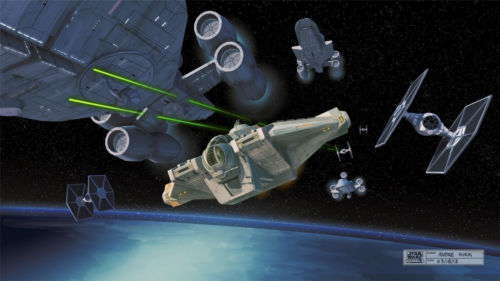 Space battle opposing the Ghost to TIE Fighters.