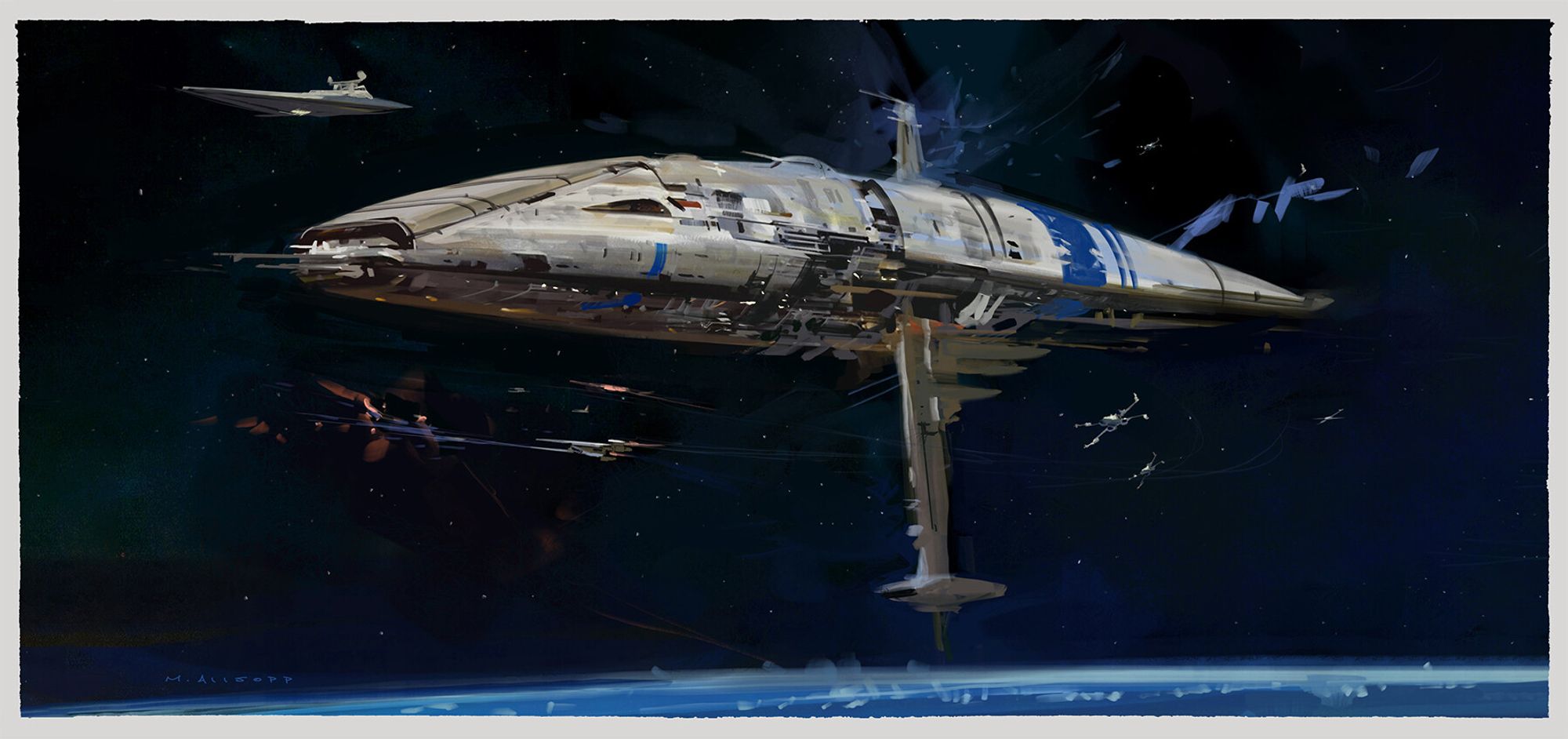 A concept art illustration of a large, white spaceship with blue stripes, hovering above a planet. Several smaller spaceships are flying around it. The background is dark blue, with stars visible.