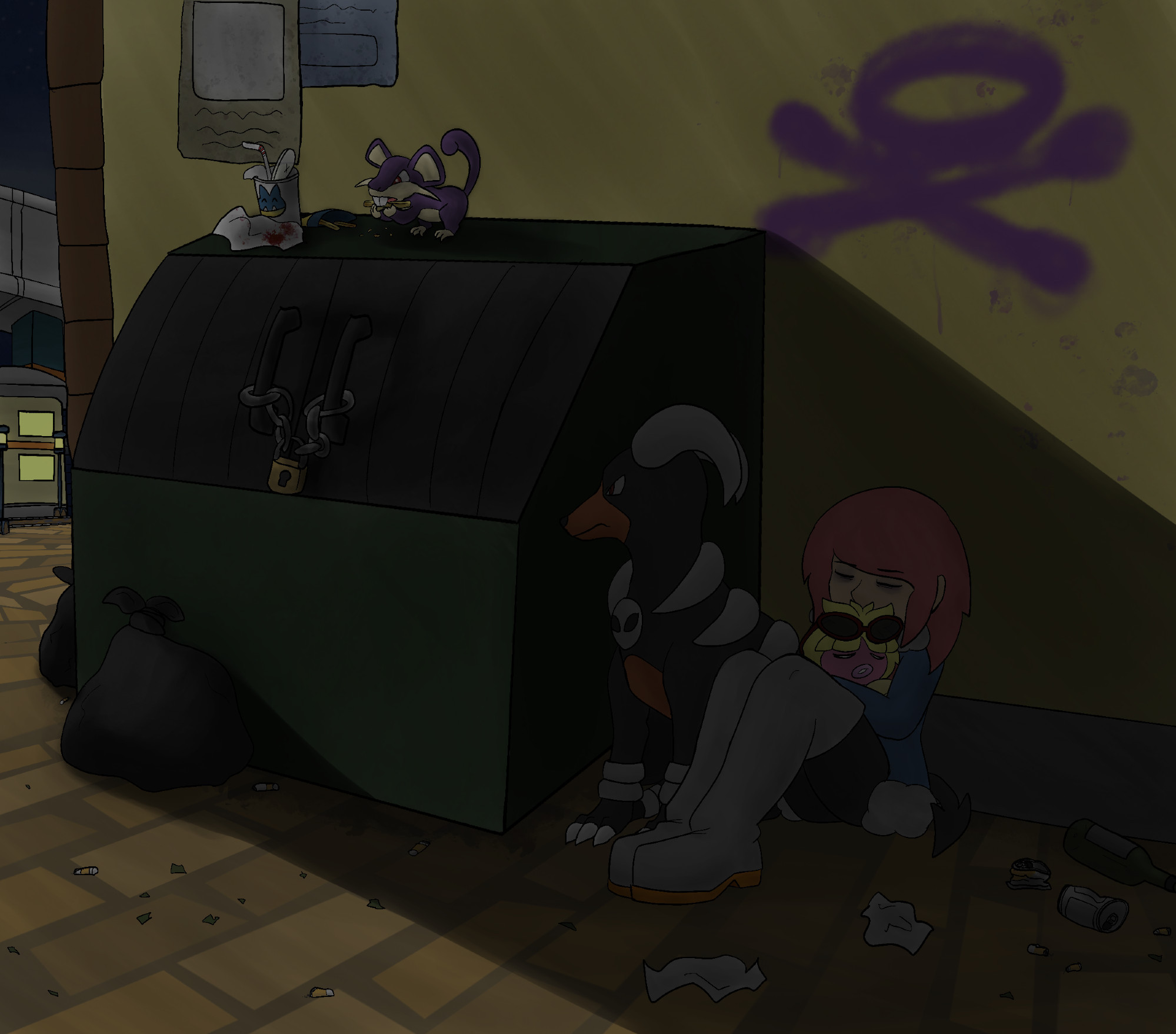 Vela, a visibly exhausted young woman with salmon pink hair sits behind a dumpster in the shadows of an alleyway in Goldenrod City for a brief rest. She clutches a sleeping baby Smoochum, who is wearing a pair of red sunglasses on her head, to her chest while her Houndoom takes watch so they can try to sleep for at least a moment. A Rattata is eating scraps left on the dumpster and the surrounding ground is littered with garbage , glass and cigarette butts left by others who previously hung out there. A Koffing themed graffiti and some old posters adorn the wall behind the. A narrow view of the city lights, the Magnet Train line and the night sky are visible beyond the edge of the alleyway.