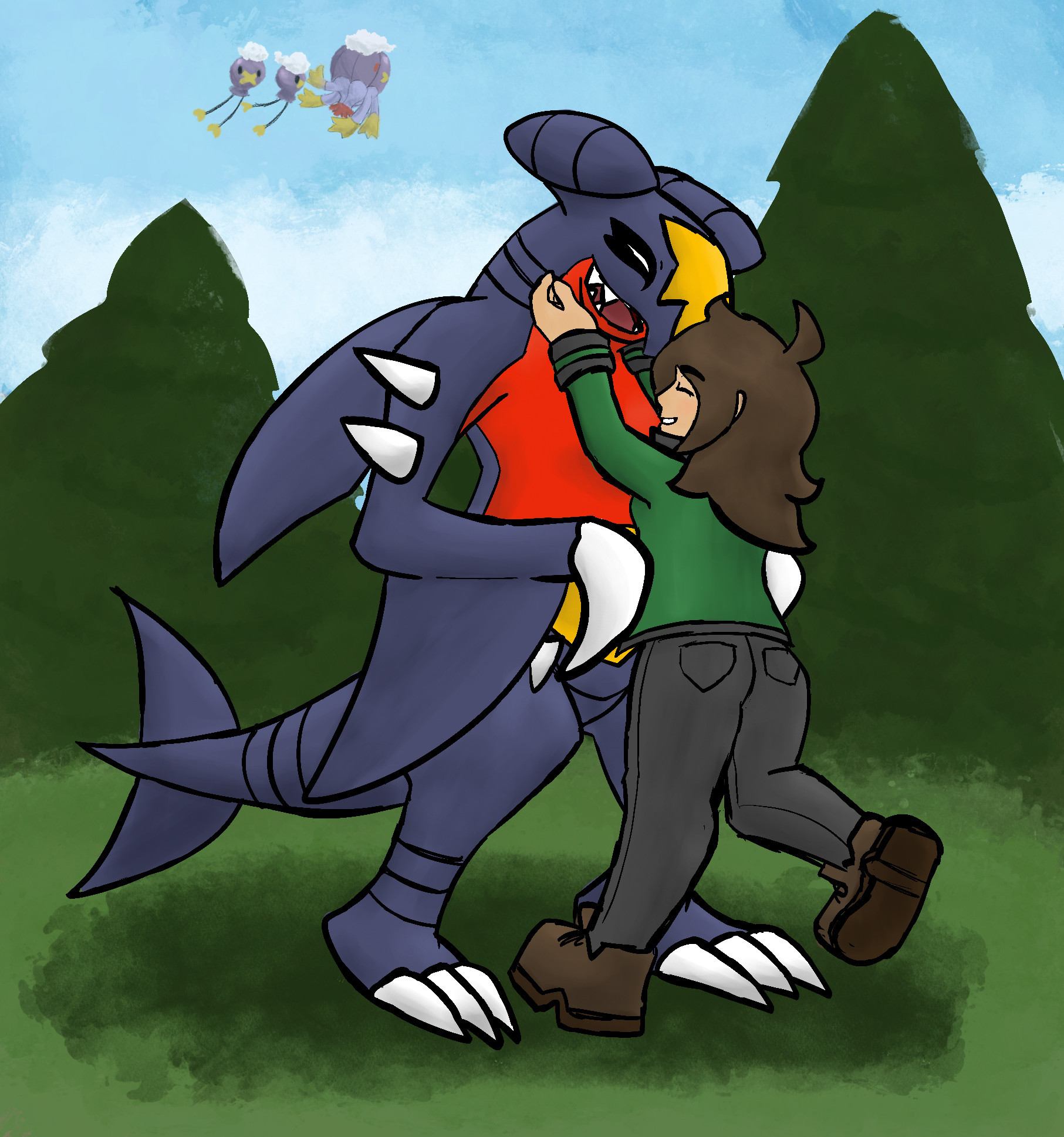 A back view of Pokémon trainer Rebecca cheerfully going in for an embrace with front-facing Gloria the Garchomp, who happily returns the gesture with a smile. Rebecca has long wavy brown hair with a crescent shaped cowlick. She wears a forest green jacket with green and black wrist cuffs and a high black collar, as well as a pair of black jeans and brown hiking boots. Gloria stands about two heads taller than her, bearing the typical purple navy body with red and yellow sections and white spike and claws. Her eyes bear two eyelash reminiscent markings in black. The two of them are standing in a grassy field with pine trees in the background, the sky blue with some clouds over the horizon. Far in the background of the sky a Drifblim and two Drifloon float by, one Drifloon looking towards the pair on the ground.