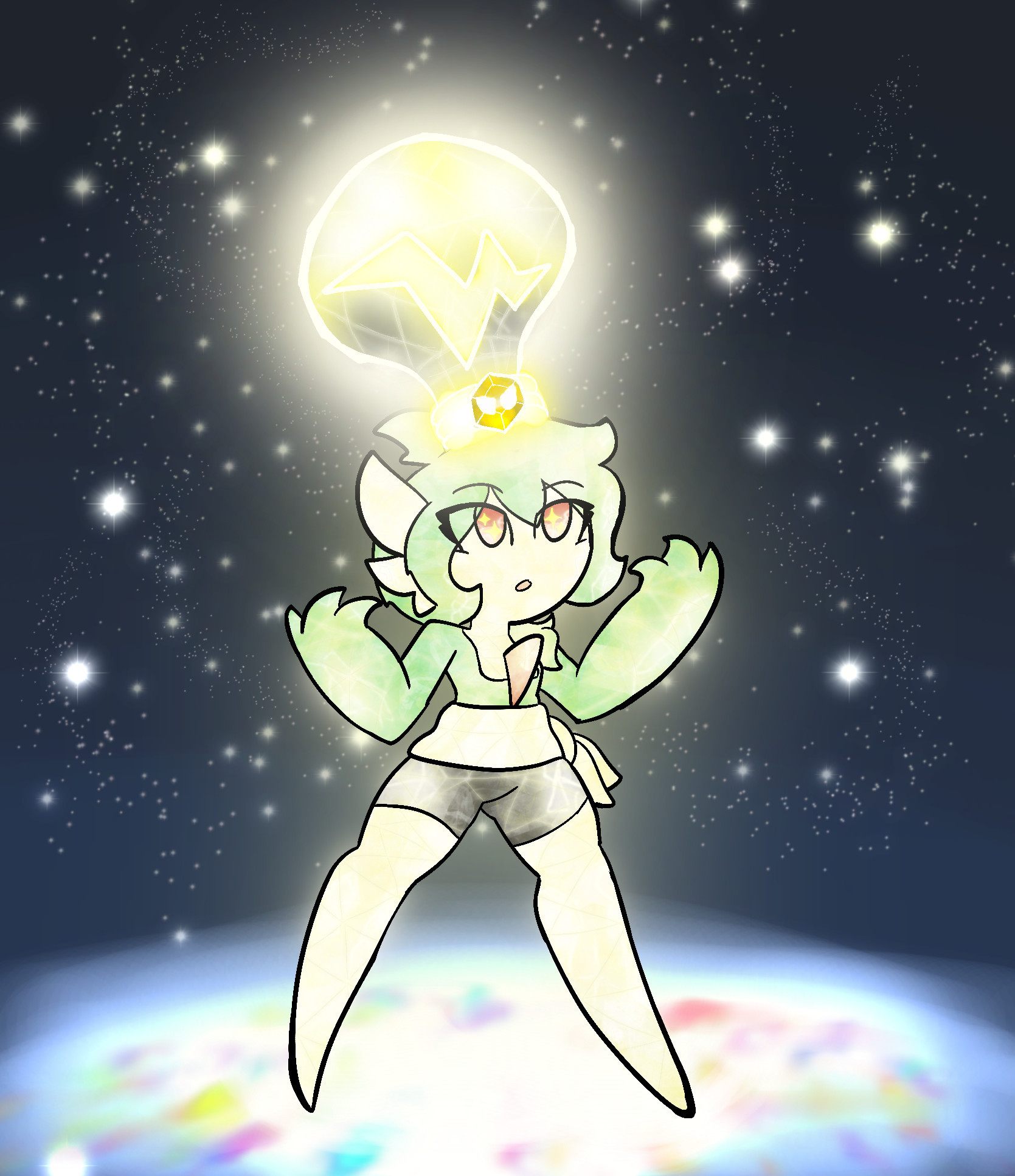 Pandora the Gardevoir stands gazing up in awe at her new Terastallized state, with the lightbulb shaped electric Tera type crown adorning her head with a bright yellow glow, surrounded by light and sparkles. Her hair is wavy with a ponytail over her left shoulder and a lightning bolt shaped cowlick atop her noggin. She wears her dress wrapped around her waist tied at the hip with black bike shorts underneath. Her whole body glows with yellow electric Tera energy.