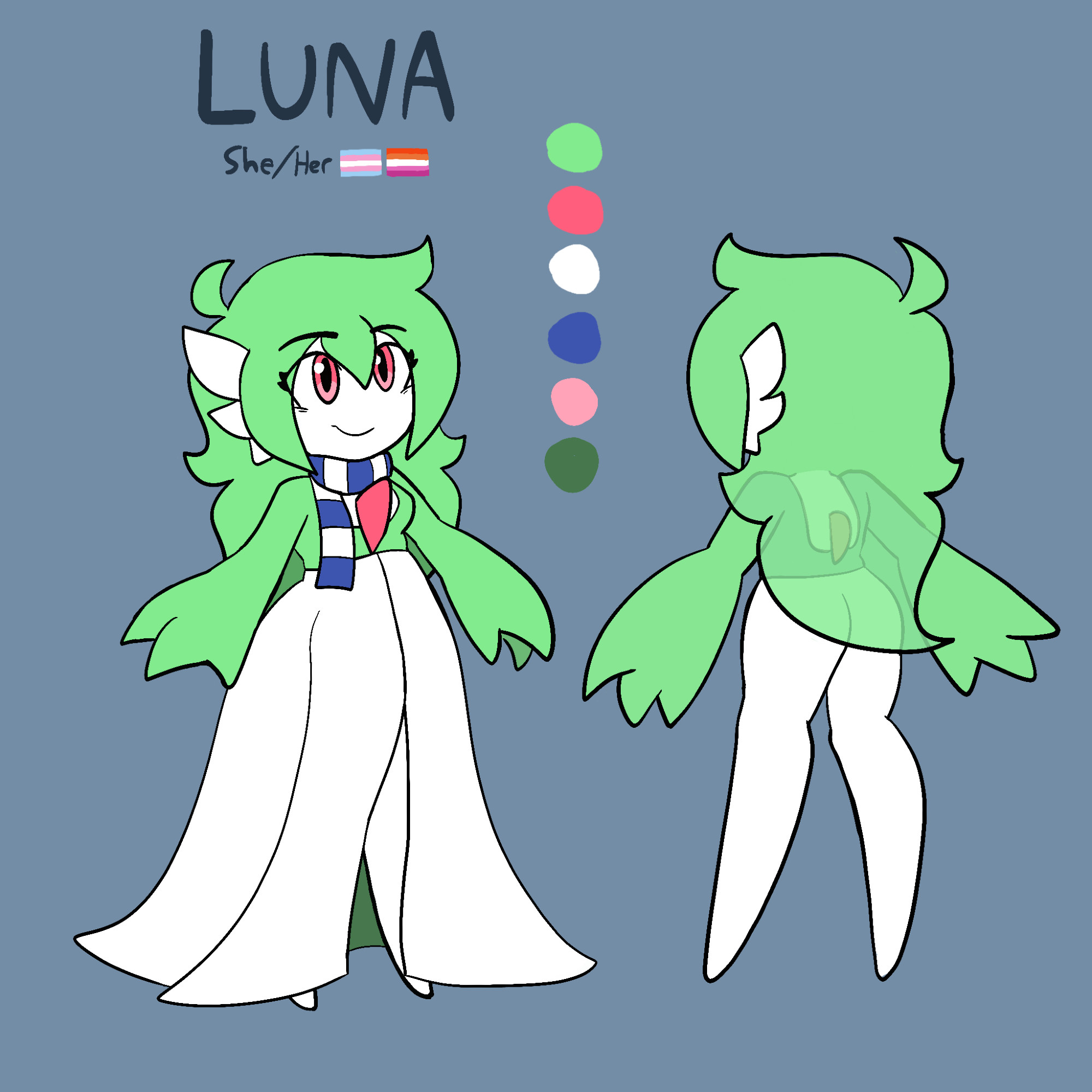 A minimally detailed reference sheet for Luna, my Gardevoir Pokésona. She has long wavy green hair with bangs across the front and sides of her face, with a crescent-shaped cowlick protruding from the back of her head. She is wearing a royal blue and white striped scarf around her neck with one end draping down the front of her chest. Her chest horn and eyes are a light crimson shade. As denoted at the top of the page her pronouns are she/her and she is a trans lesbian.