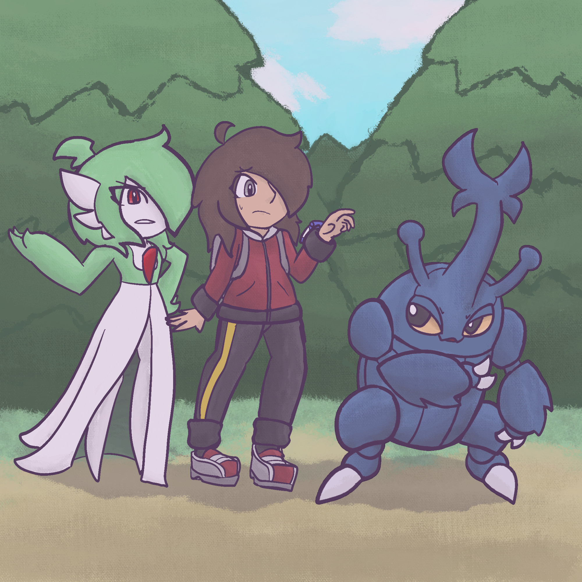 15 year old versions of Pokémon trainer Rebecca and Pandora the Gardevoir standing on a path with the newly met Forrest the Heracross, who reluctantly makes a temporary alliance to join the group as he swats away Rebecca's concerned attempt at a handshake with a stern expression while Pandora looks on annoyed by all the fuss. Rebecca has wavy brown hair just past the shoulder and covering the left side of her face, with a crescent shaped cowlick on top. She is wearing a red jacket with a white collar and black cuffs, as well as black track pants with a yellow stripe olong the sides that are rolled up above her ankles. Her sneakers are light and dark grey with red down the center. A blue Pokégear is worn on her left wrist cuff. Pandora is the same height as Rebecca, with messy shoulder length hair covering the left side of her face and has a lightning bolt shaped cowlick atop. Her dress is worn in the typical Gardevoir style with no extra clothing. Forrest stands two to three heads shorter than the duo (equal with his horn), and bears a fully imperial blue body with white claws on his hands and feet, and has large yellow almond shaped eyes. His forearms are a bit shorter than the average Heracross' but also thicker. The group stands on a path leading out of Azalea Town in Johto with the trees of Ilex Forest in the background with a slightly visible patch of sky between the trees.