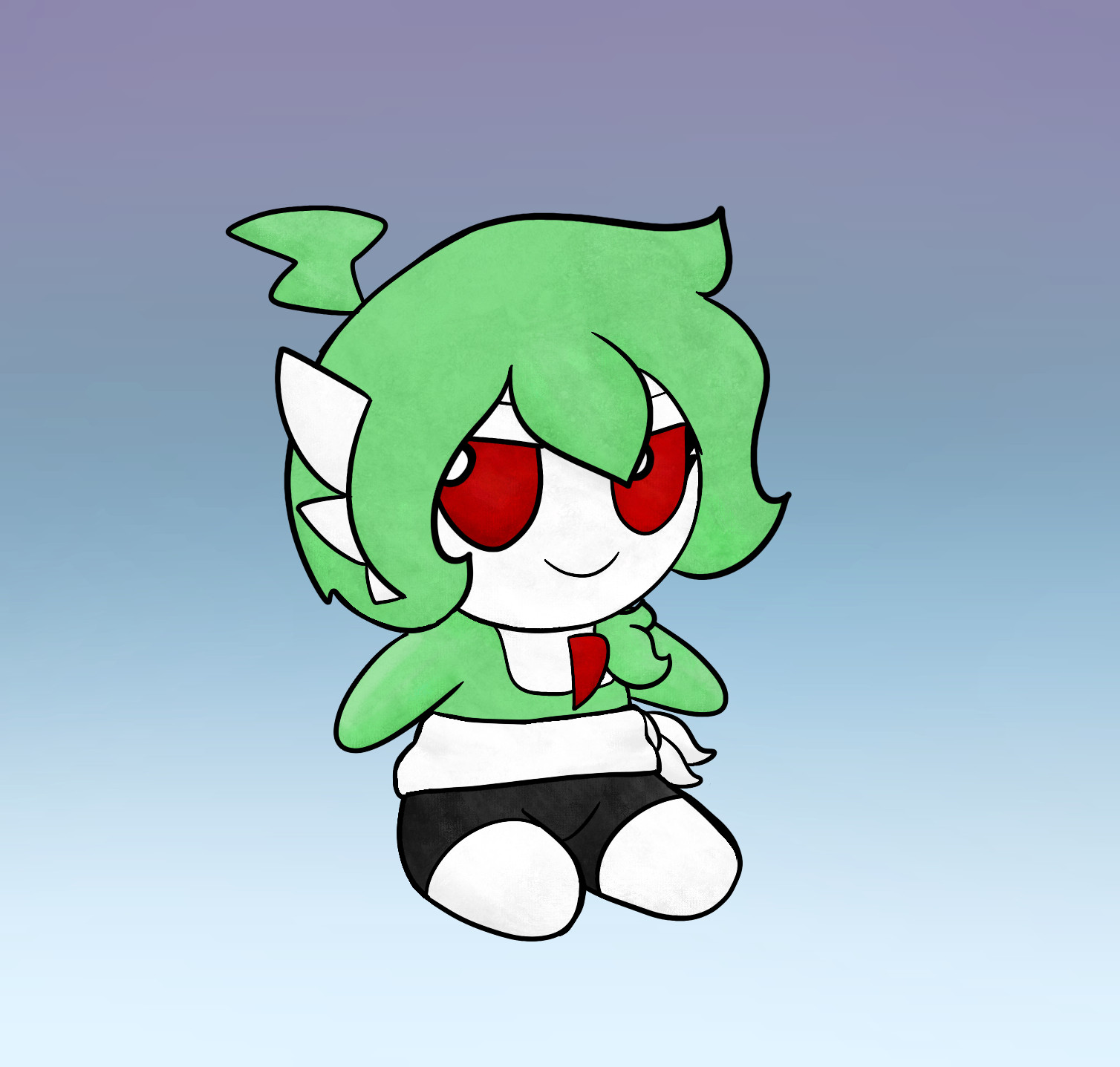 A FumoFumo plush version of Pandora the Gardevoir. Like the real deal she has short wavy green hair with a ponytail over her left shoulder and deep crimson eyes/chest horn. She has her dress tied around her waist at the side and is wearing black bike shorts. A lightning bolt shaped cowlick sits atop her head.