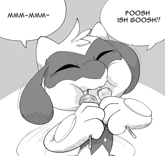 Lumen the Riolu shoves two kabobs down his gullet and chews on them with no regard for manners or cleanliness, living his best life. "Mmm-mmm~, foosh ish goosh!!" He says, with a mouth full like a savage.