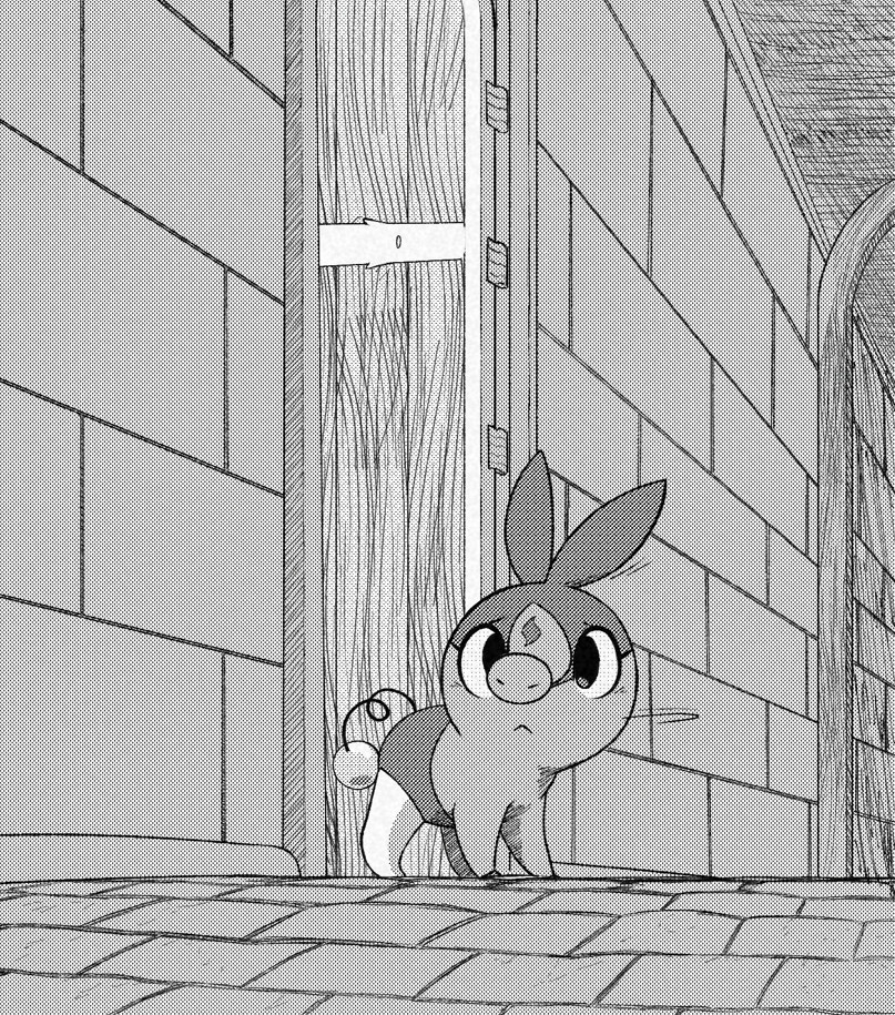 A lone tepig looks pensively around a shaded castle hallway.