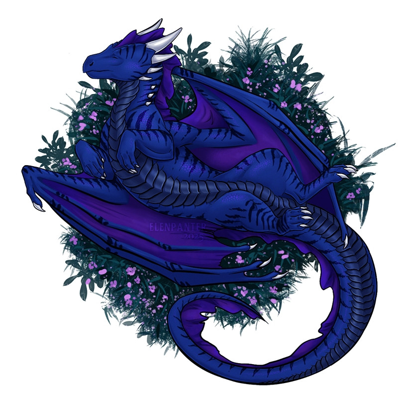 Winged dragon sleeping in grass with flowers
