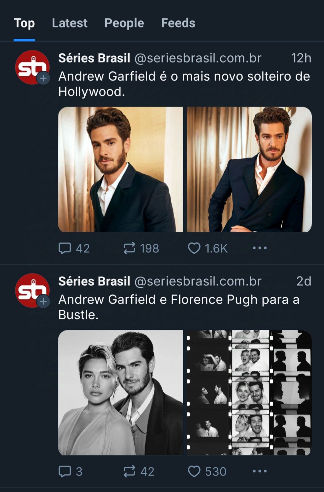 Print da timeline do bluesky com dois posts do Séries Brasil: o post superior dizendo que o Andrew Garfield é o novo solteiro de Hollywood e com fotos ele sozinho e o post inferior com duas fotos dele com a Florence Pugh para um ensaio da Bustle