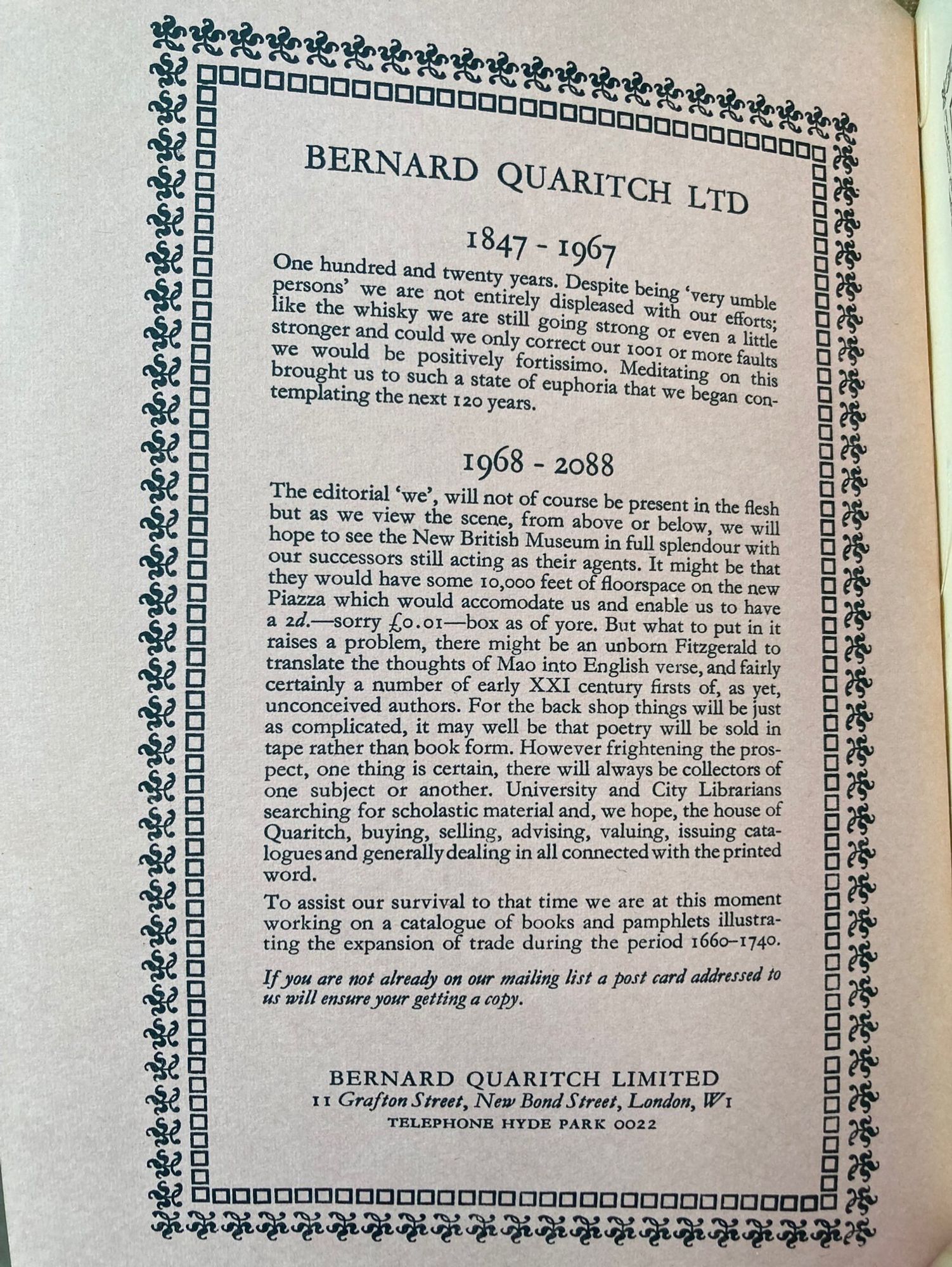 Advertisement for Bernard Quaritch in the Book Collector, offering a brief account of the firm’s state after 120 years and suggestions for the next 120