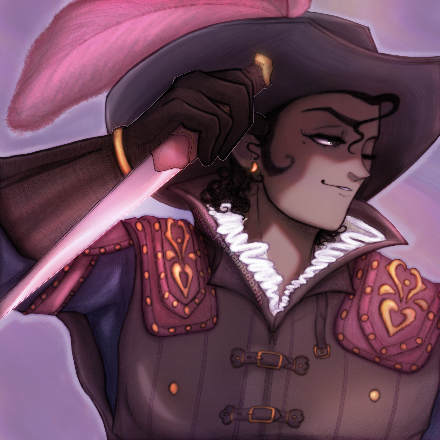 A digital painting of Sylvando from DQXI: Sylv is seen from the chest up while wearing The Don costume. Sylv is holding up a knife and winking to something offscreen to the right. Their hat casts a shadow over Sylvando's face and they give a slight smile.