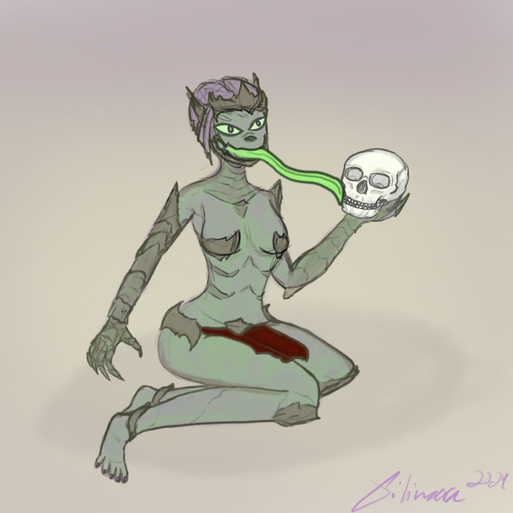 A suggestive alien woman in a bombshell kneeling pose, using her tongue to lick a human skull.