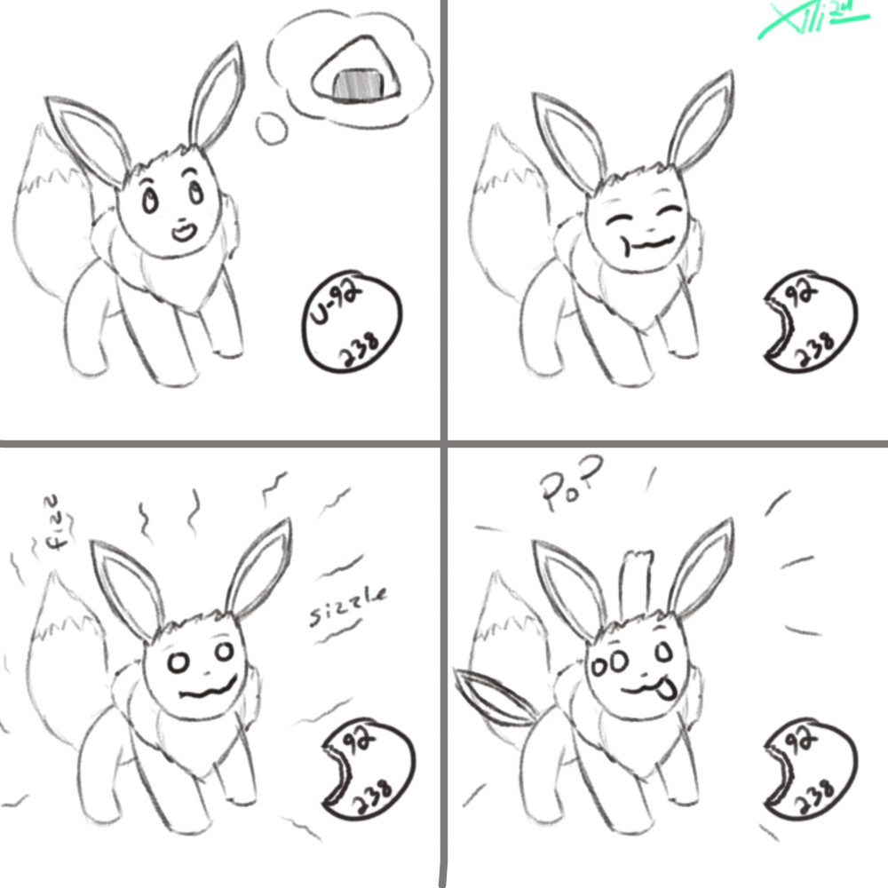 Comic depicts an eevee eating a piece of Uranium and mutating/evolving new appendages