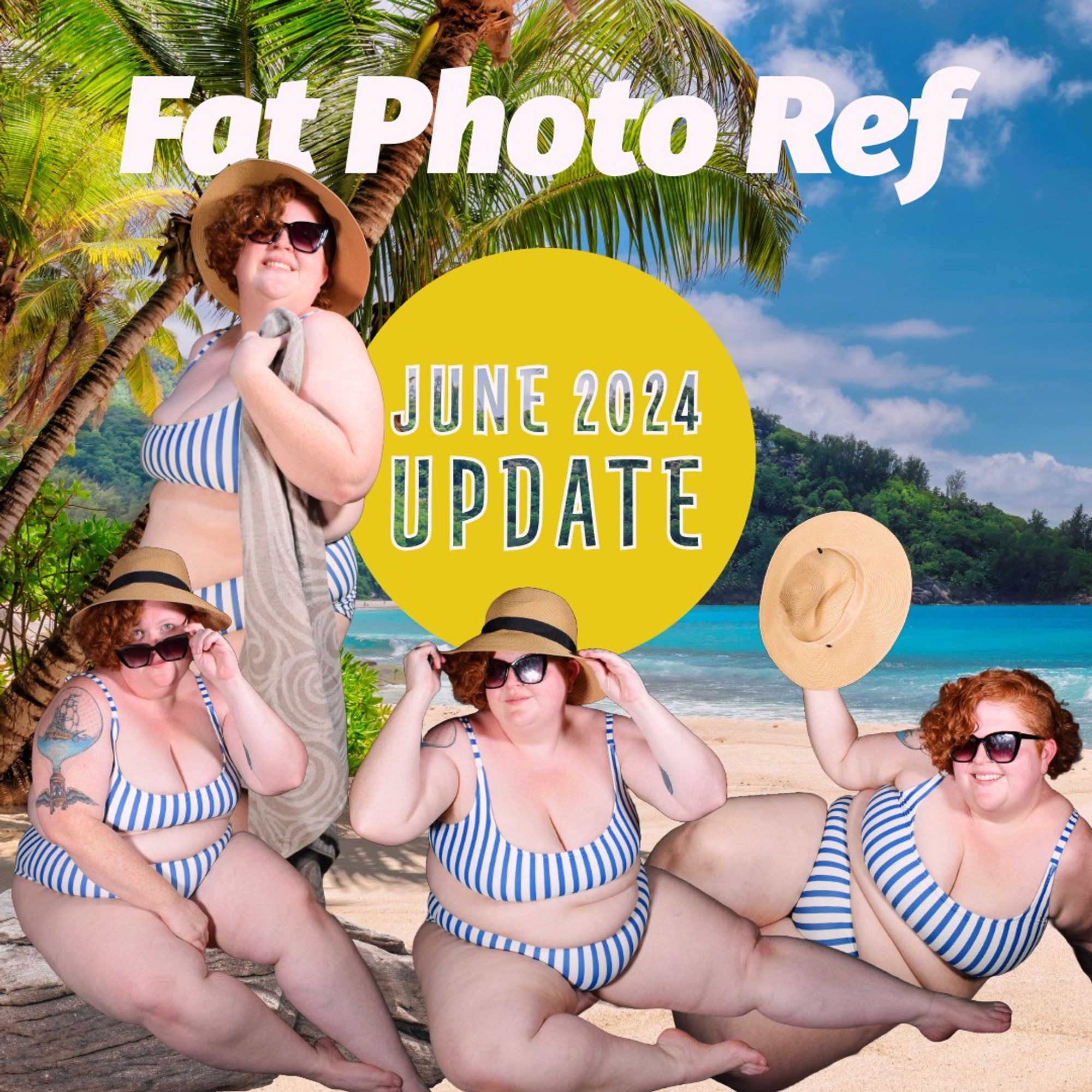 a collage of photos of a fat femme presenting person wearing a striped two piece bathing suit, the text says "fat photo ref june 2024 update"