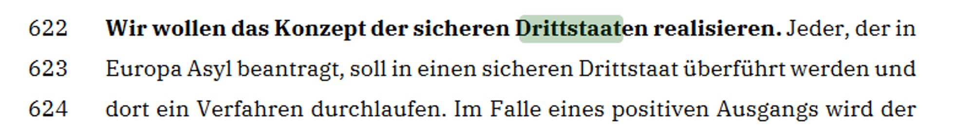 Screenshot aus dem Programmentwurf der CDU. Der Text lautet: "Wir wollen das Konzept der sicheren Drittstaaten (grün markiert) realisieren. Jeder, der in Europa Asyl beantragt, soll in einen sicheren Drittstaat überführt werden und dort ein Verfahren durchlaufen."