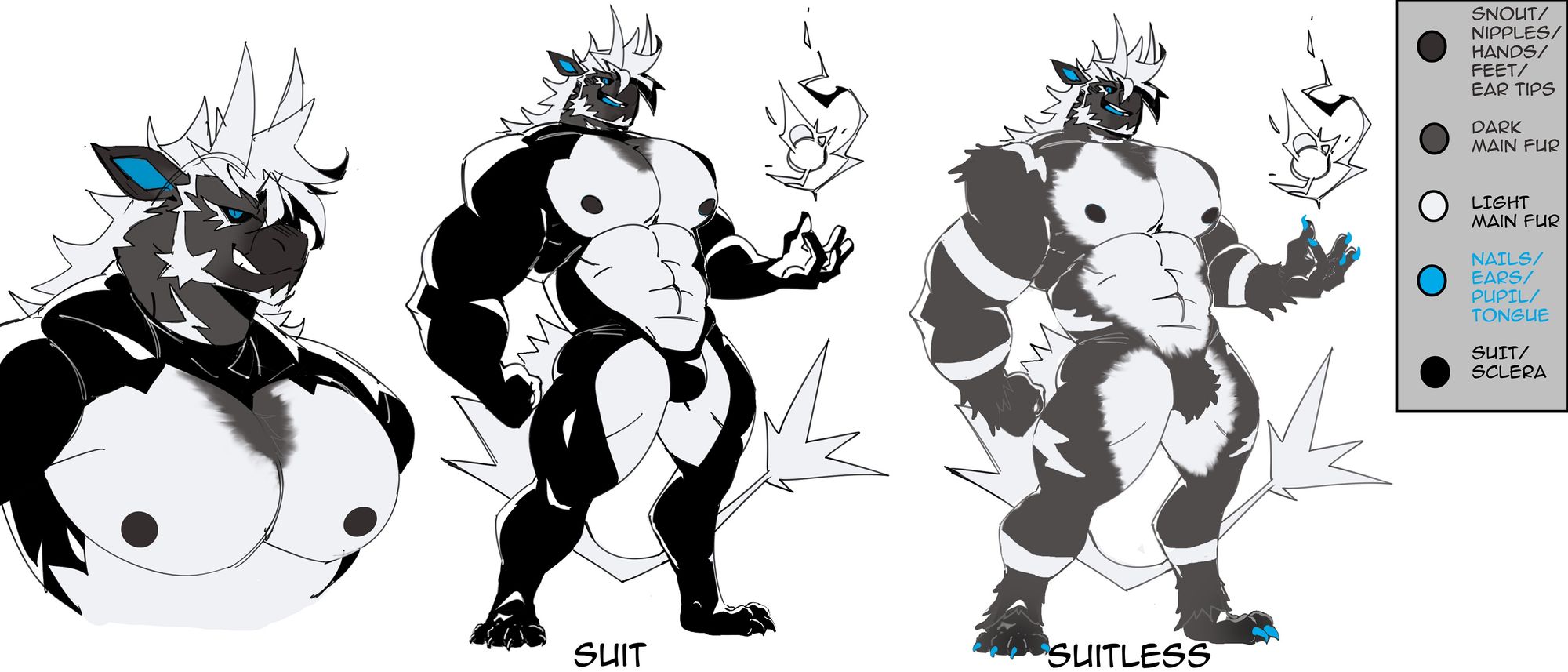 Turned Koku's BW Sketch into a full color ref. Aldrich as a Zebstrika complete with color ref and suit/suitless versions.
Left: Close up
Middle: Full body with suit
Right: Full body without suit