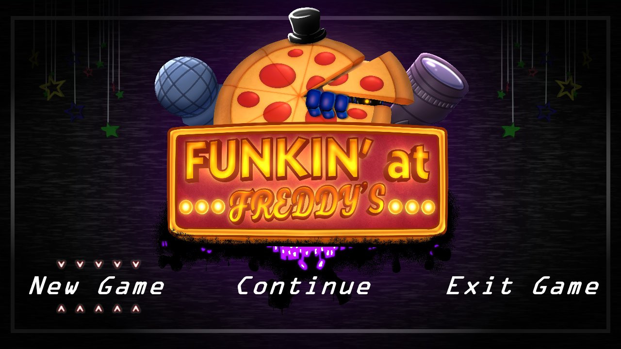 The main menu screen for an FNF/FNaF Fangame hybrid Funkin' at Freddy's v2