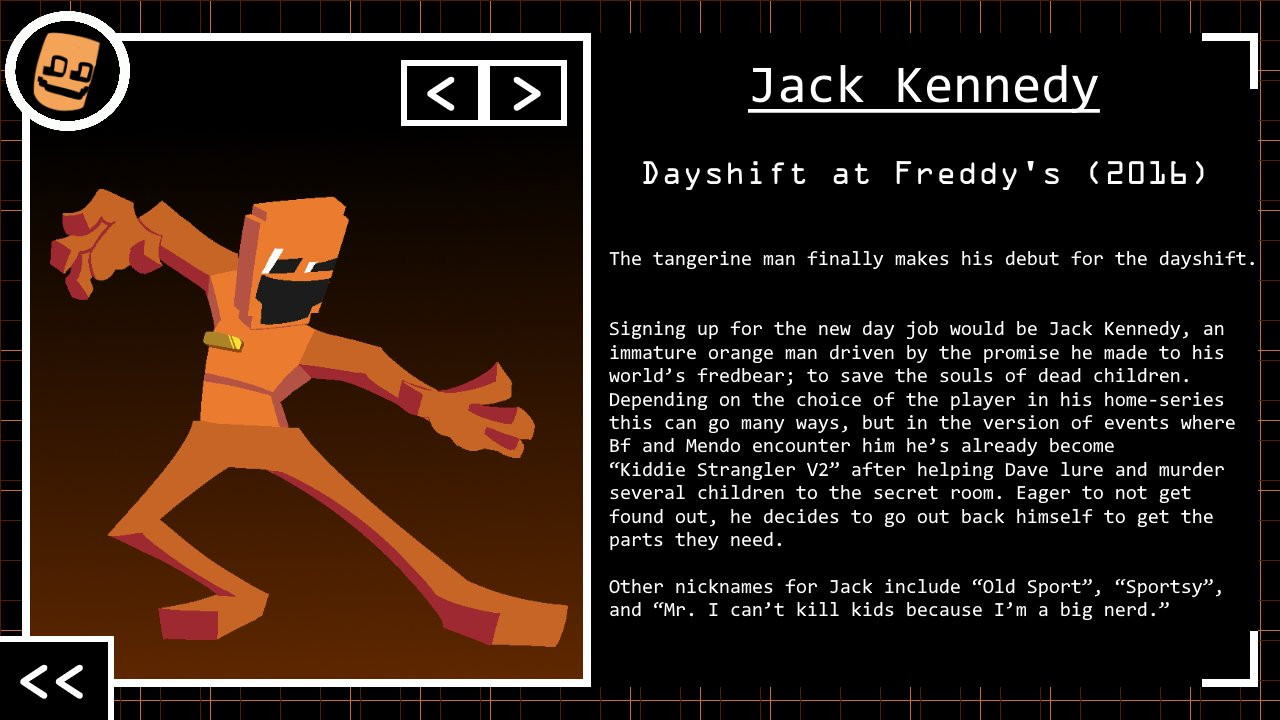 A mockup for the character BIOs screen featuring Jack Kennedy from Dayshift at Freddy's