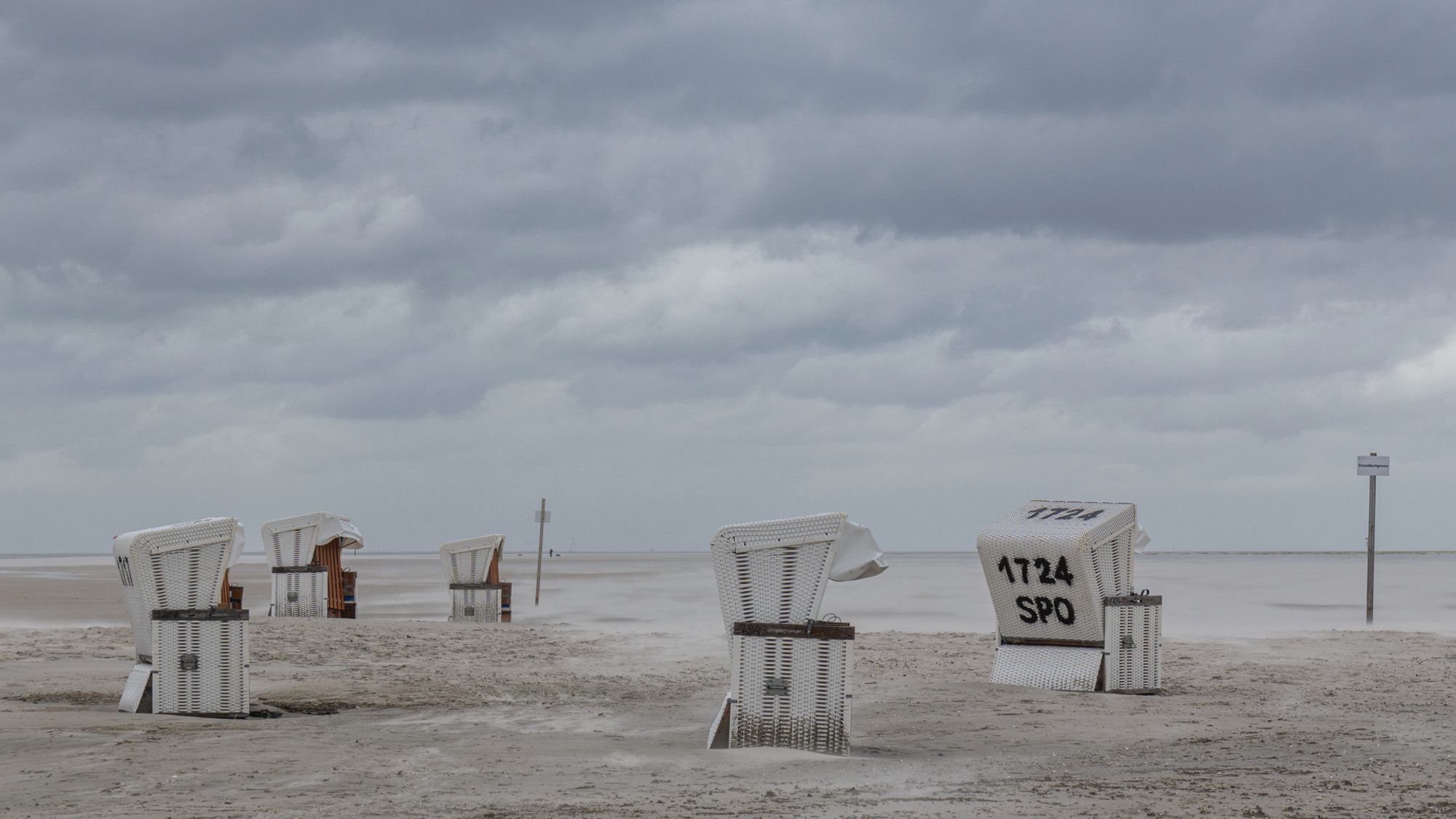 Weiße Strandkörbe stehen an einem Strand. Über den Strand weht der Sand. Der Himmel ist bewölkt.