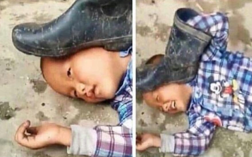 2 photos side by side. on the left a boy lies face up on the ground with a boot pressing against his head; on the right the camera has pulled back, and we see that the boy has his hand in the boot and is smiling