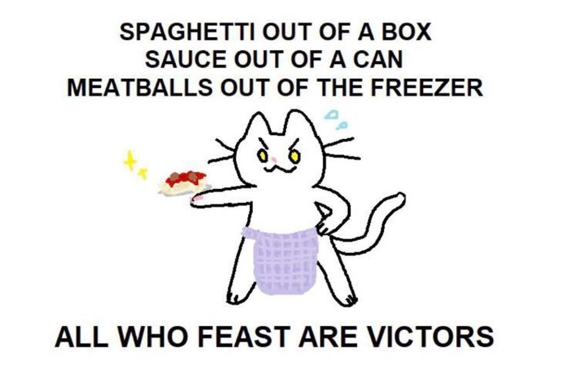 A drawing of a determined cat holding a plate full of spaghetti and saying "spaghetti out of a box, sauce out of a can, meatballs out of the freezer, all who feast sre victors"