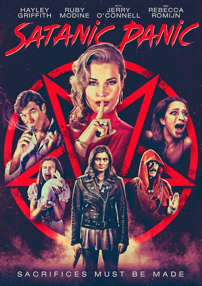 Poster for Satanic Panic, featuring illustrations of the cast inside a pentagram. The tagline says "Sacrifices must be made."