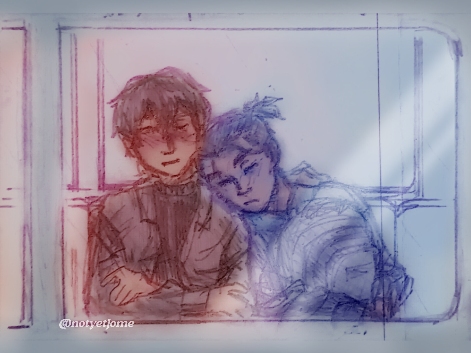 Art of Zuko and Sokka on an MRT, Sokka sleeps on Zuko's shoulder. Traditionally drawn and digitally colored.