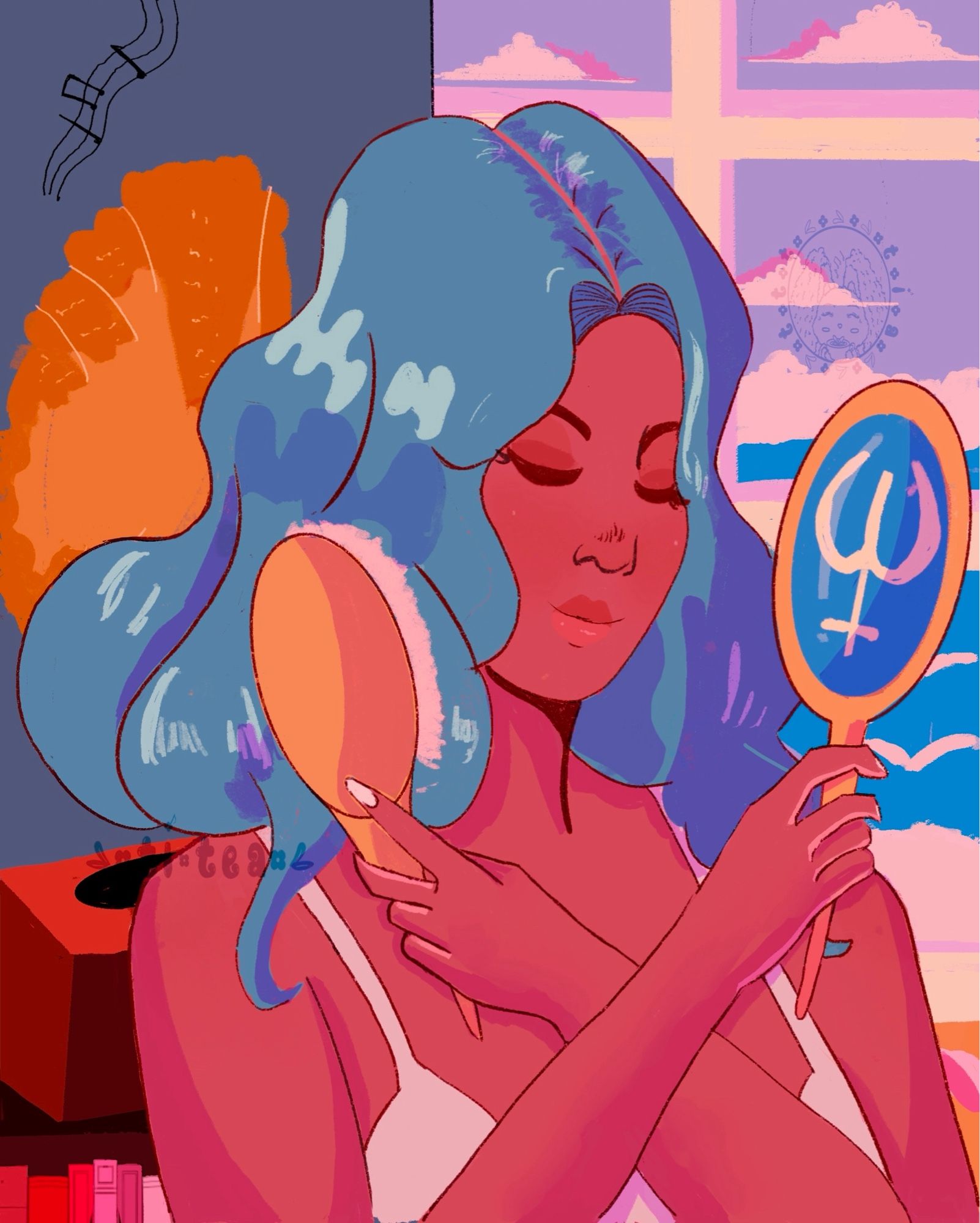 Michiru (Sailor Moon) holding her talisman mirror as she brushes her hair with the background of the beach to the right and a record player to the left. Blue/Orange color palette aesthetic.