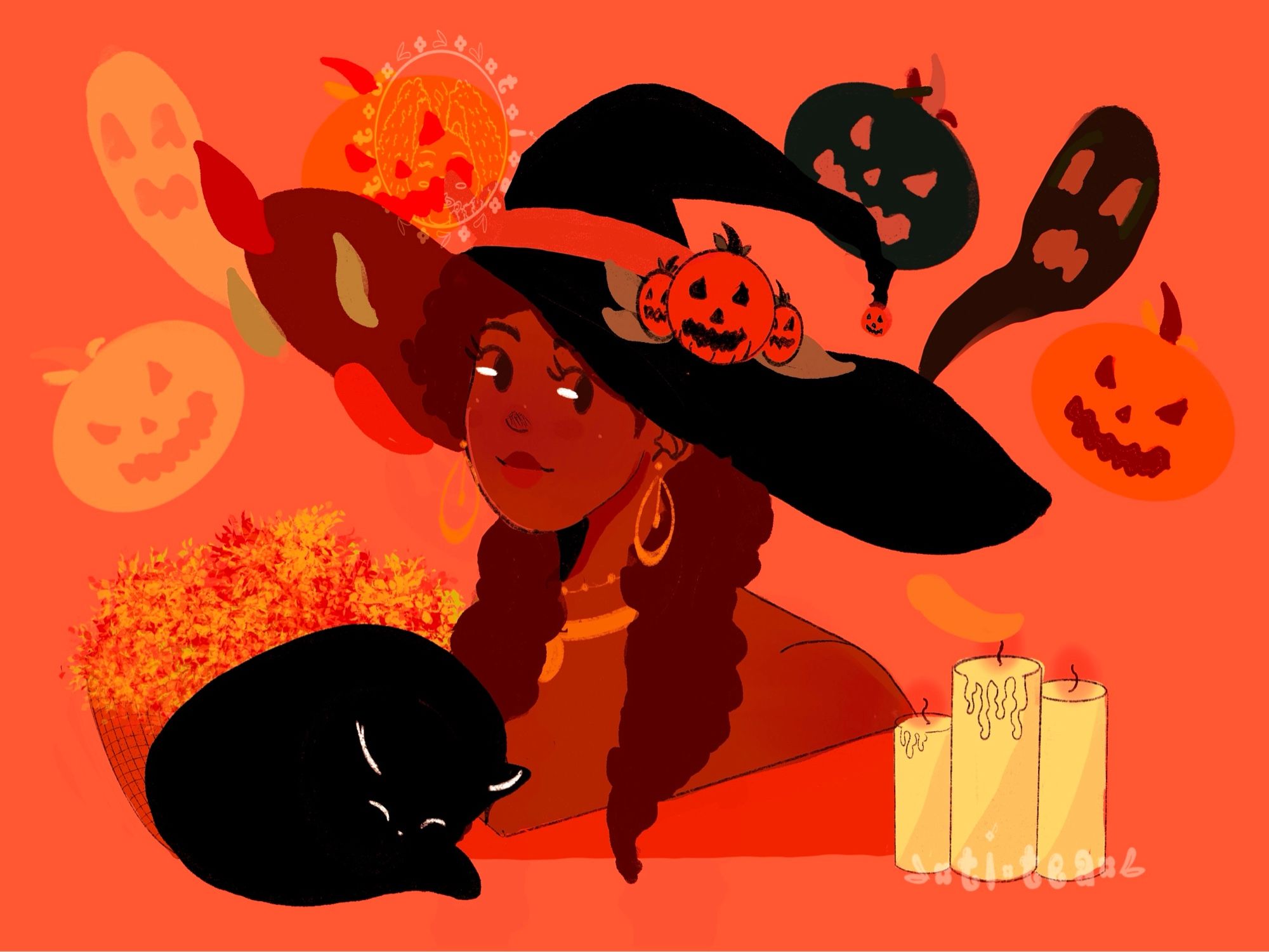 A Halloween inspired witch wearing an off the shoulder orange blouse, gold necklace with pendant hoop earrings, and a black hat with an orange stash and three pumpkins on top. Three lit candles are to the right and a black cat curled sleeping and a backet with leaves inside are to the right. Leaves blew past her hat and scary pumpkins and ghosts rose behind her.