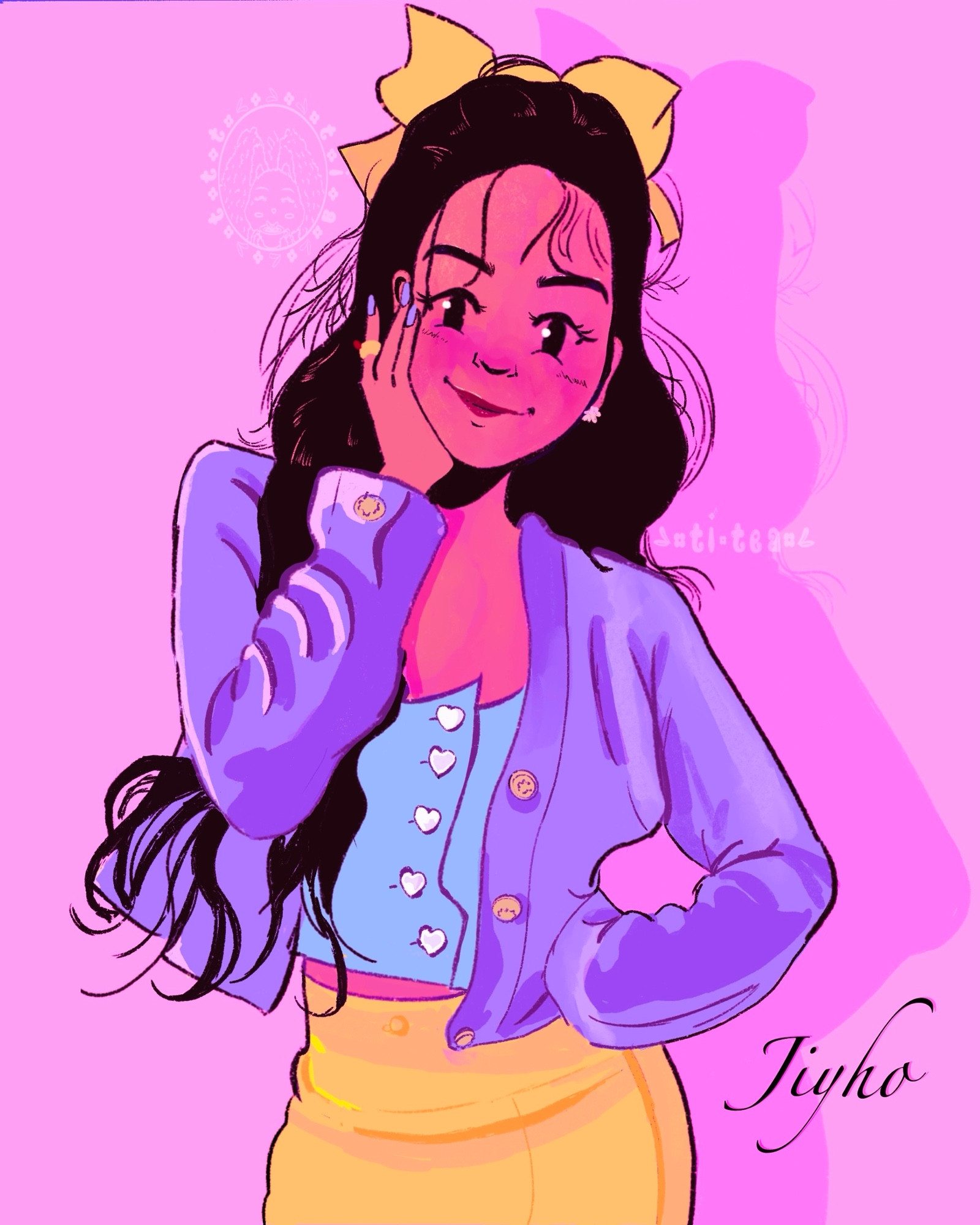 Jihyo (Twice) in a pastel theme outfit of purple jacket over a blue top with white heart shaped buttons with blue colored nails in a yellow skirt, ring, and bow. Long brown hair and body casted in a pink light behind a pink background.
