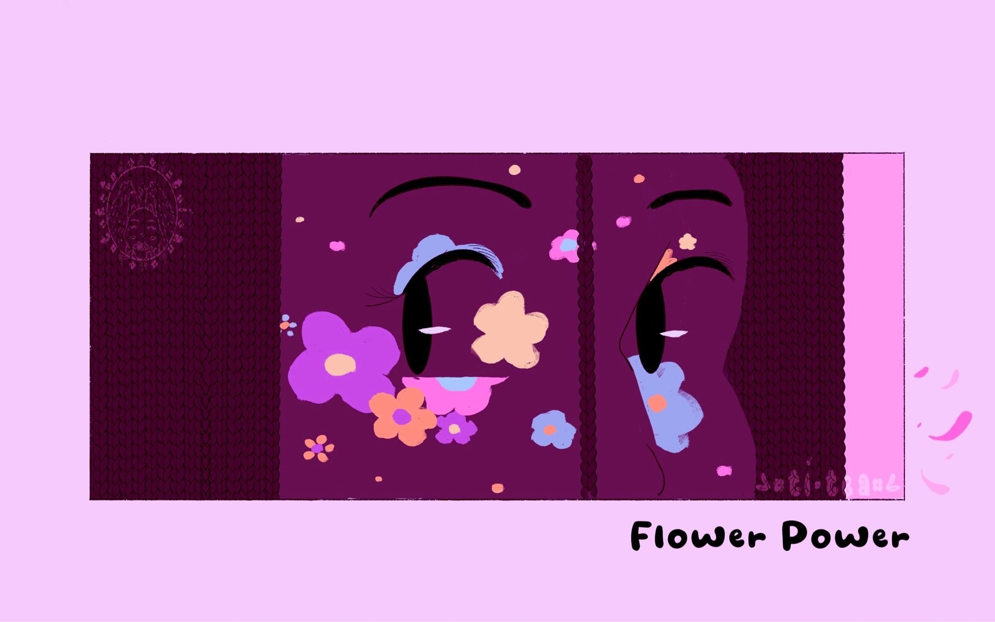 A dark skinned woman is cropped into a rectangle showing her eyes and up nose. Her hair is braided into box braids and her face is painted of various purple, yellow, blue and pink flowers. At the bottom of the image says “Flowers Power”.