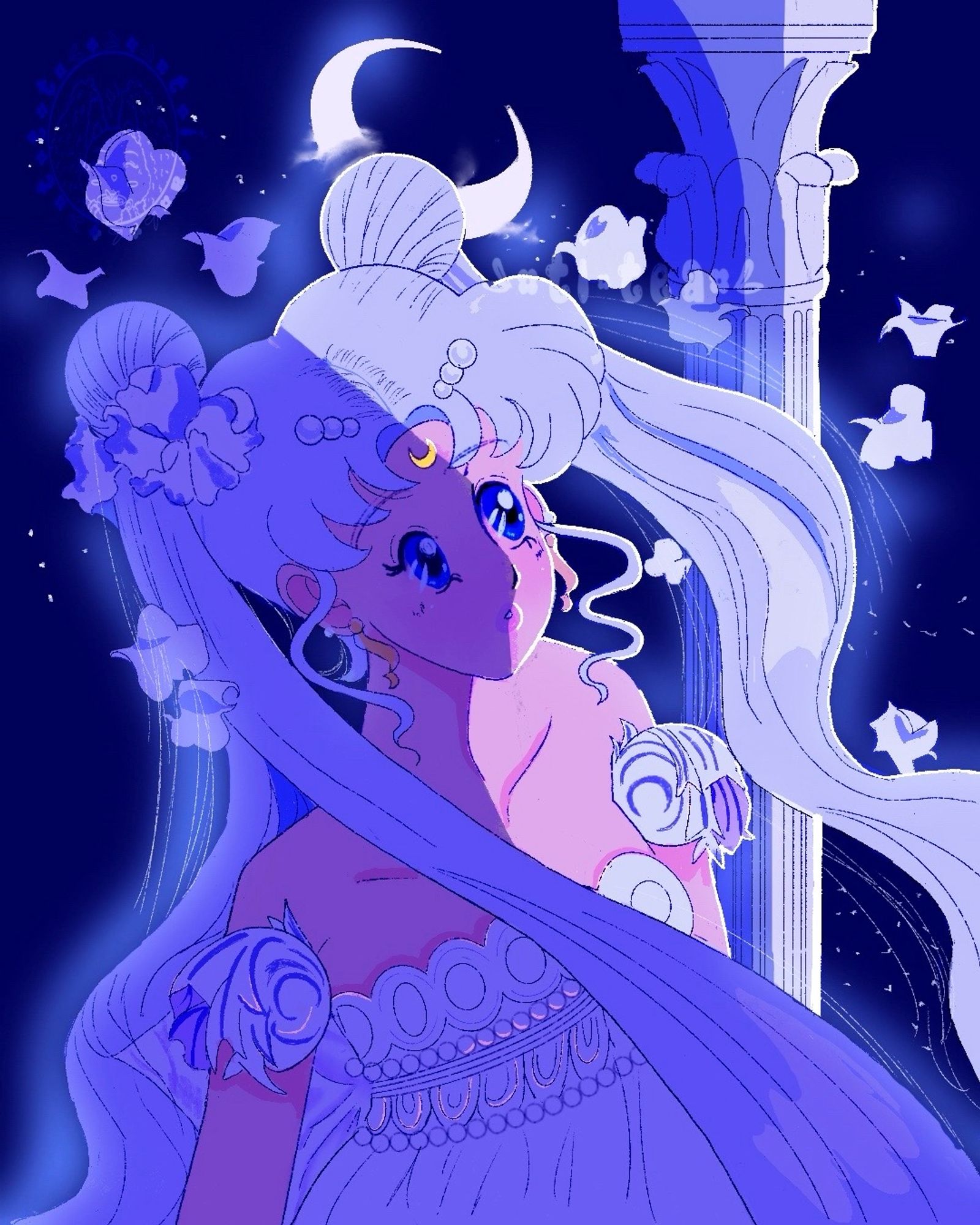 Princess Serenity (Sailor Moon) is shown staring at the night sky. She has silver long hair tied in two buns and three pearls on each side of the front of her hair. Her hair blows in front due to the wind. She’s wearing a white dress with off the shoulder puffs with intricate flats. Pearl chain is wrapped around the waist of the dress. White flowers swarm the image and there’s a white pillar behind her to the right. An image of the moon reflecting in the water is behind her head. A blue shadow covers the right side of her body and her left side is exposed with light.