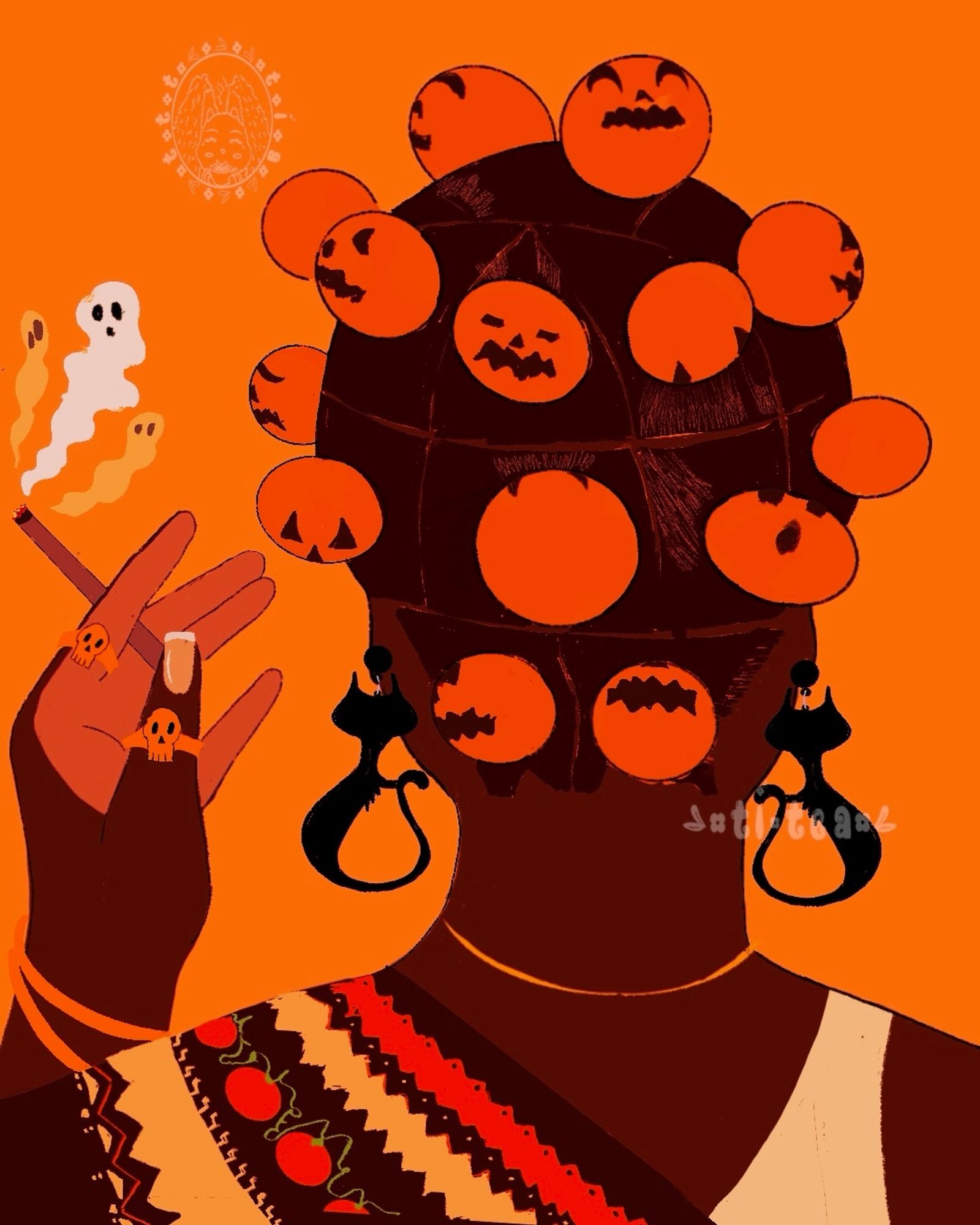 A drawing of a dark skinned girl with pumpkins as Bantu knots. She’s wearing black cat earrings, a gold necklace, bangles and skull rings. An oversized brown cardigan with Halloween theme embroidery that dips exposing her white tank. She’s holding a blunt that puffs out ghost smoke