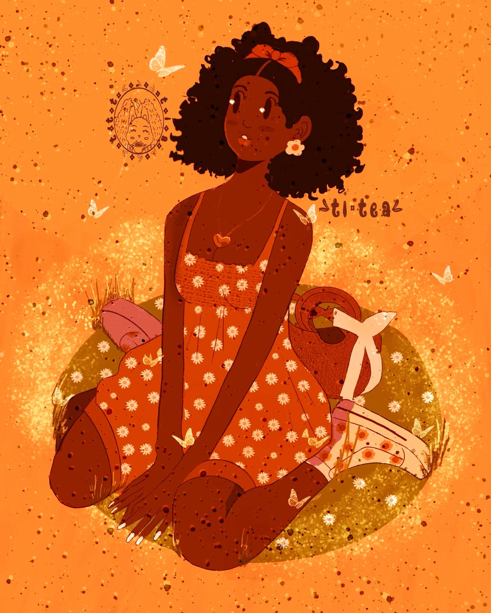 Black girl in an orange colored white daisy strapped dress white with yellow sunflower converses, yellow earrings, a gold heart shaped necklace, white polished nails, and curly hair to shoulder underneath an orange headband with a ribbon on top. She is sitting in a grassy patch with white daisy poking out next to her brown woven bag with a white ribbon on it. White butterflies circle around her and sparkles arose from the grass surrounding her. An orange palette tint.