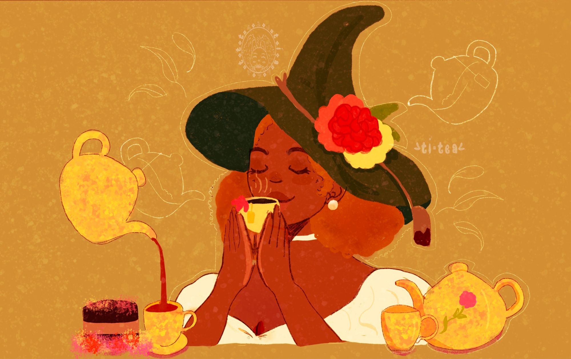 A brown skinned witch is drinking tea. Her hair is dark blond/kinky and tied in two puffs that hang down her neck. She’s wearing a white puff sleeved top, choker and a pearl stud. On her head is a green witch hat with a tea bag dangled downward and three orange, red and yellow flowers rest on the hat. She’s holding the tea cup with two hands and is raised to her nose. Three white smoke lines appear. The cup is yellow toned and inside is black tea, the tag from the bag hangs outside and a flower is resting on top of the cup. On the left, a matching tea pot is pouring tea by itself into another cup held by its saucer. Next to the cup is a brown jar that is holding a variety of flowers for tea. Another teapot set is in front of the witch. A white outline is in the background of a teapot and three leaves. The background for the piece is olive green with a hint of yellow.