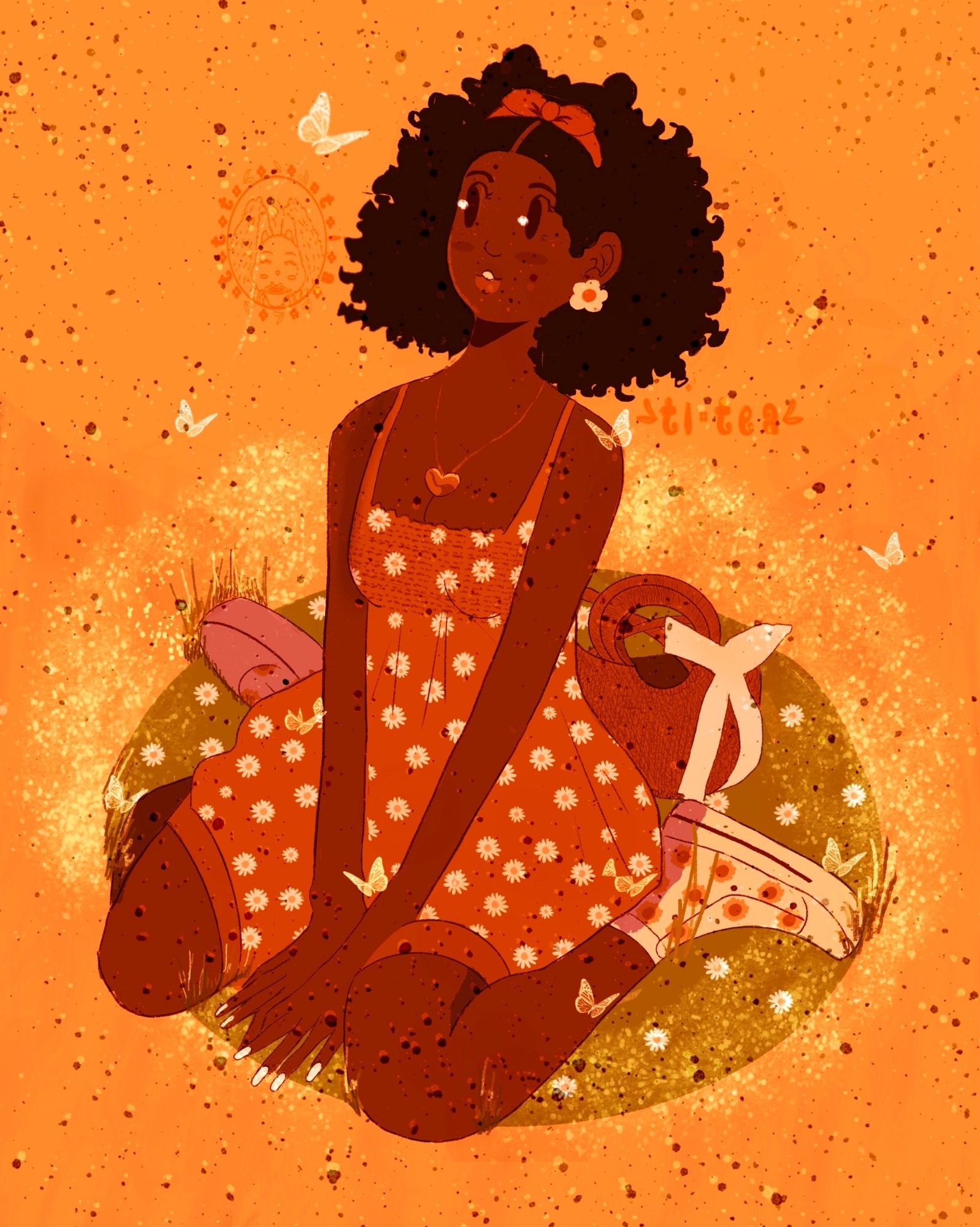 Black girl in an orange colored white daisy strapped dress white with yellow sunflower converses, yellow earrings, a gold heart shaped necklace, white polished nails, and curly hair to shoulder underneath an orange headband with a ribbon on top. She is sitting in a grassy patch with white daisy poking out next to her brown woven bag with a white ribbon on it. White butterflies circle around her and sparkles arose from the grass surrounding her. An orange palette tint.
